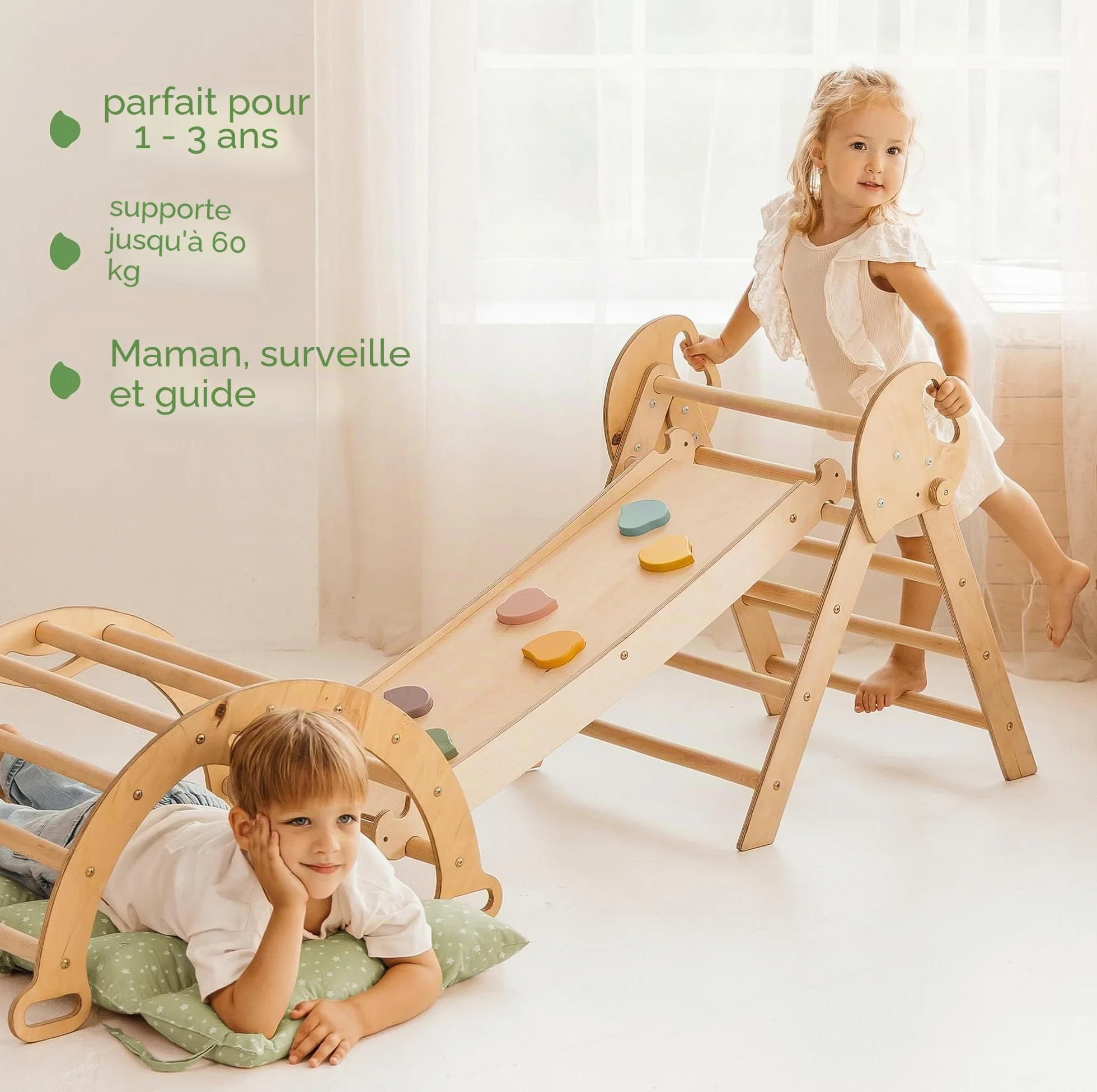 Goodevas Montessori Kit d'escalade 5 en 1 triangle d'escalade d'intérieur arche avec coussins toboggan pour enfants aire de jeux 1-3 ans