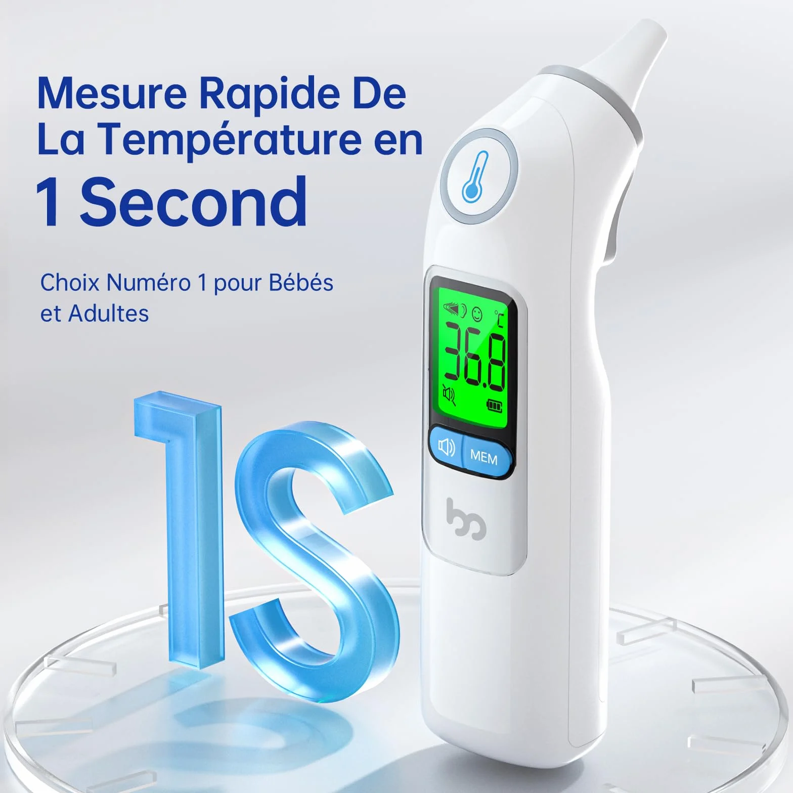 Thermomètre Auriculaire Professionnel avec Code d'Alerte Fièvre 3 Couleurs, Mode Silencieux, 24 Couvre-Sondes Jetables