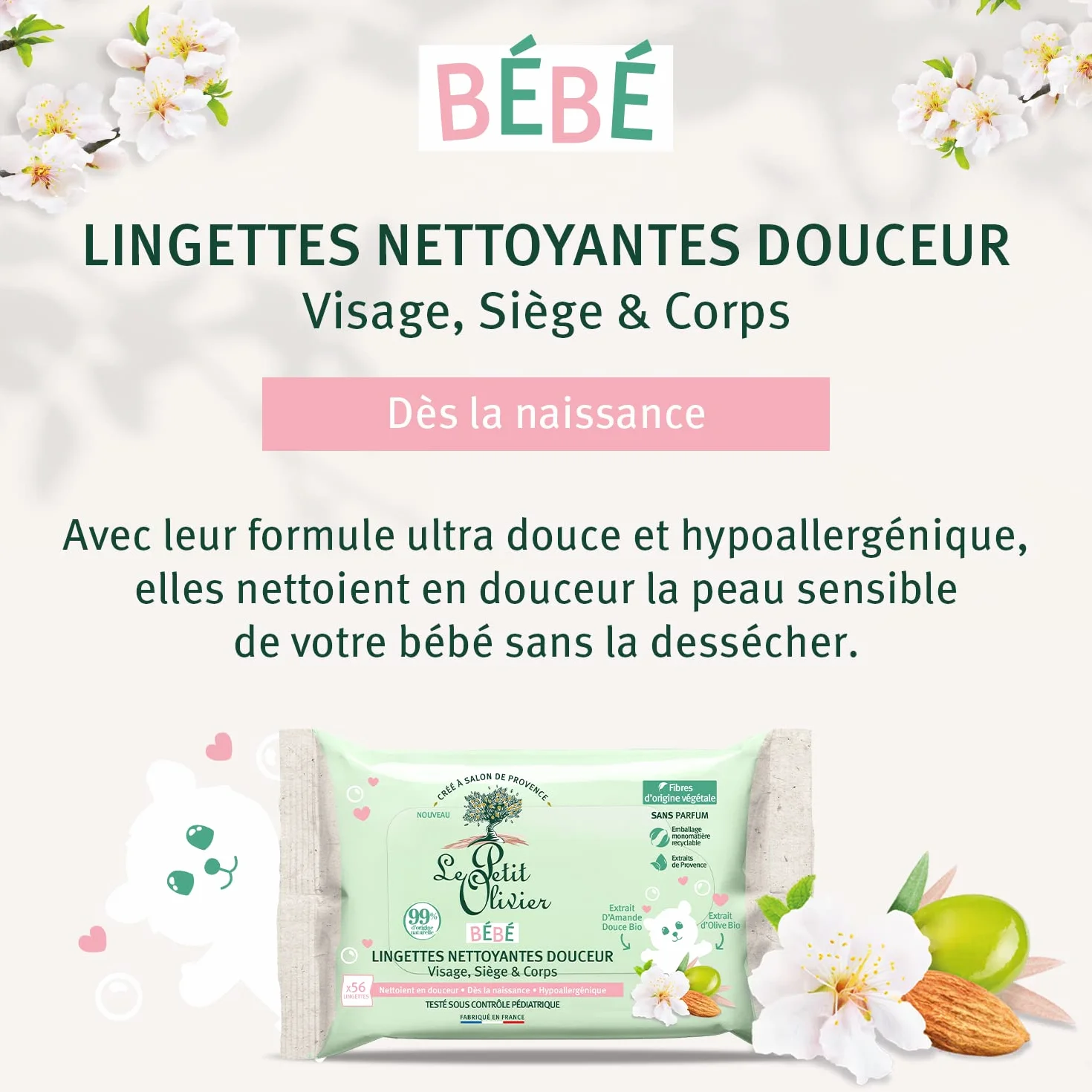 LE PETIT OLIVIER Lingettes Nettoyantes Douceur Bébé Visage Siège Corps Fibres d'Origine Végétale 99% d'Origine Naturelle Sans Parfum x56 56 ml