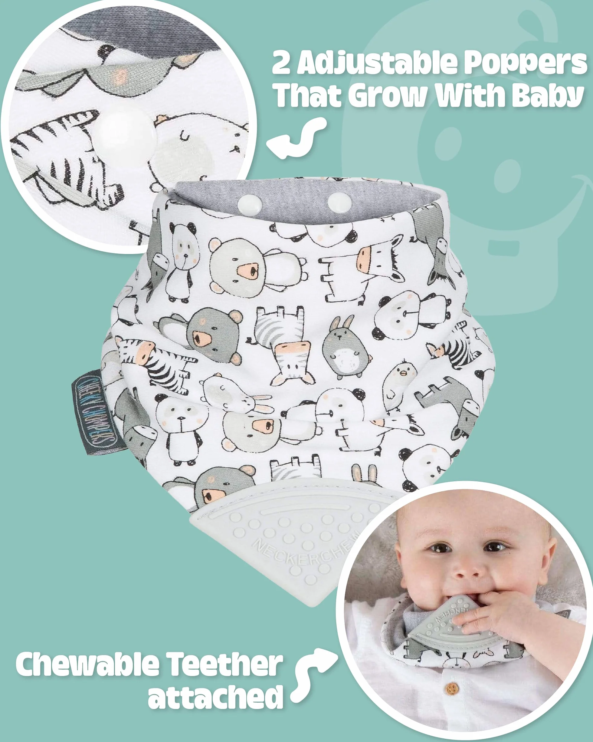 Cheeky Chompers Bavoir bandana bébés tout-petits anneau dentition silicone design primé hygiénique absorbant sans BPA Panda Pals