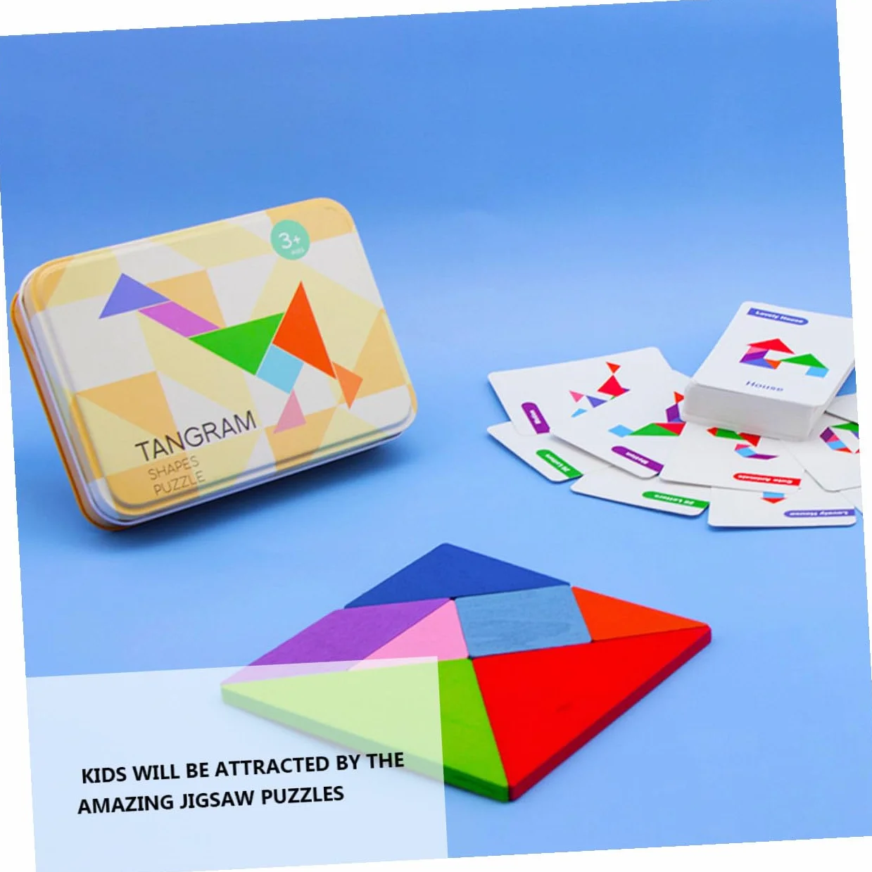 Jeu de Puzzle Tangram en Bois Éducatif pour Enfants, Coffret en Fer avec Cartes, Apprentissage Géométrie