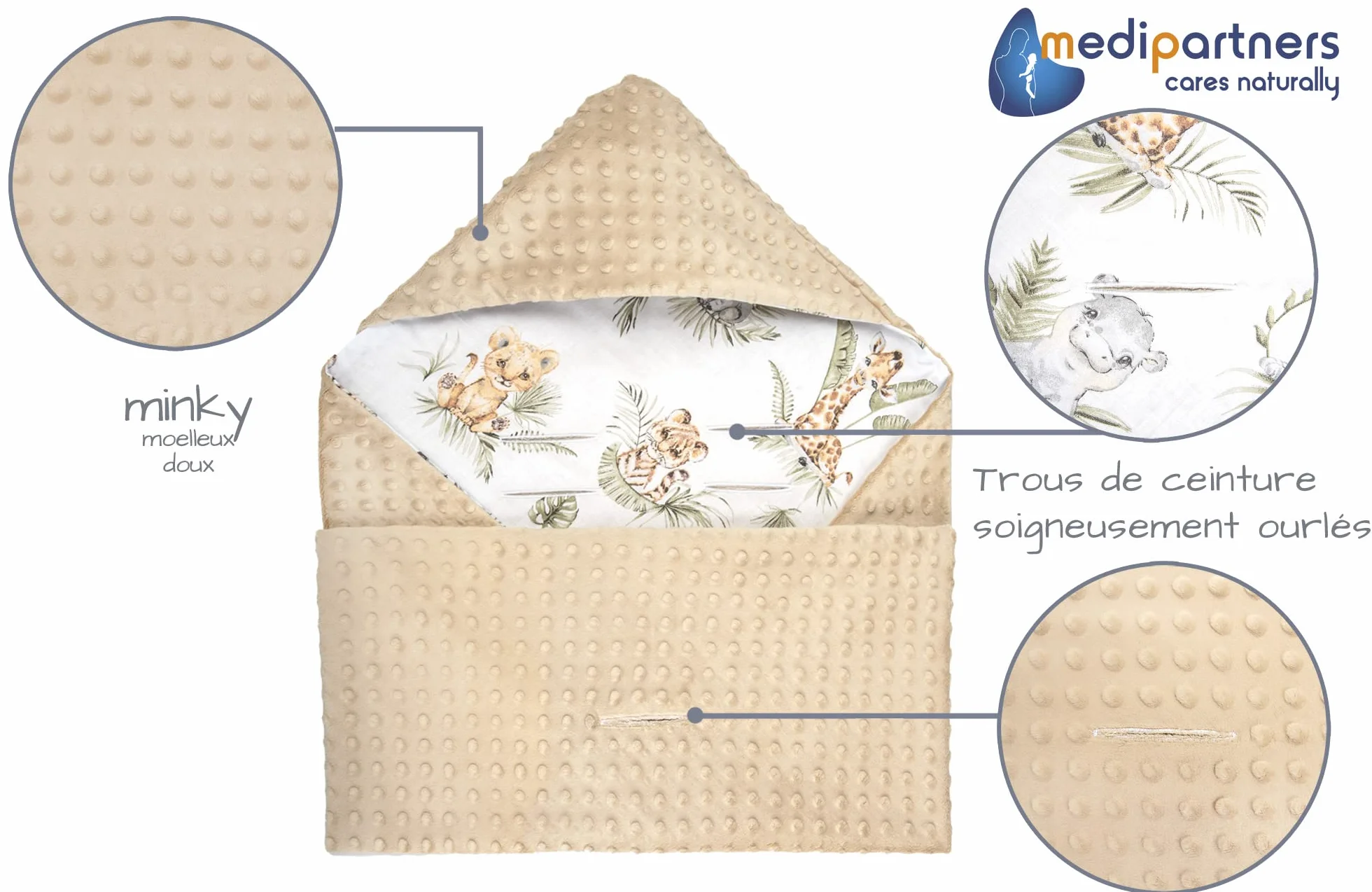 Couverture enveloppante Bébé Siège Auto 85x85cm Oeko-Tex Nid d'Ange Safary Minky Beige