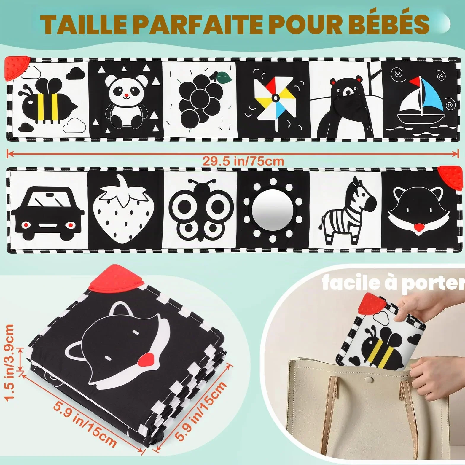 BBWOO Livre bébé 0-12 Mois Noir et Blanc sensoriel Montessori Jouet d'éveil Tummy Time Pliable Lavable avec Anneau Dentition et Miroir