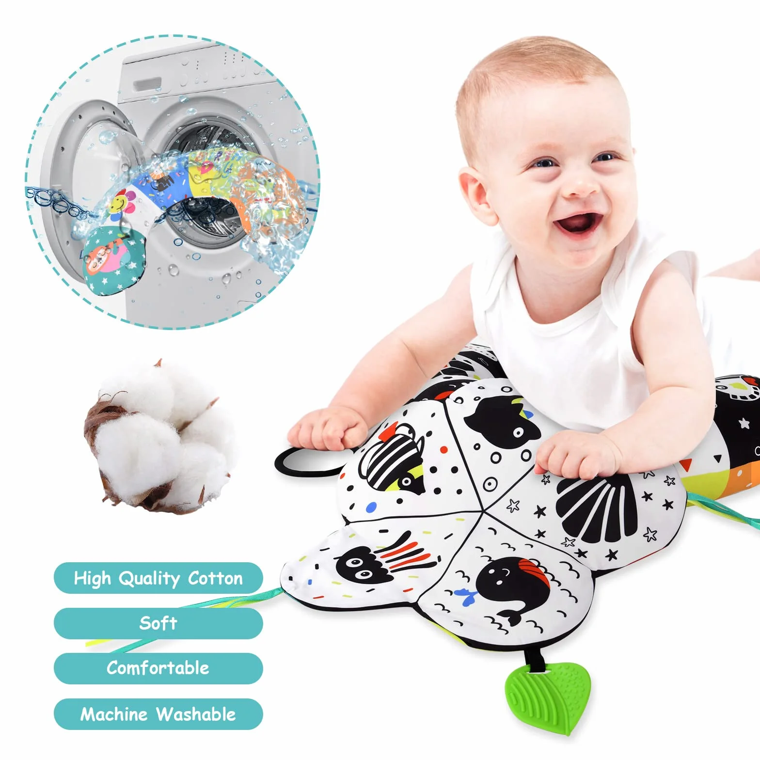 Oreiller pour le Temps du Ventre de Bébé Noir et Blanc à Contraste Élevé avec Support Amovible et Miroir