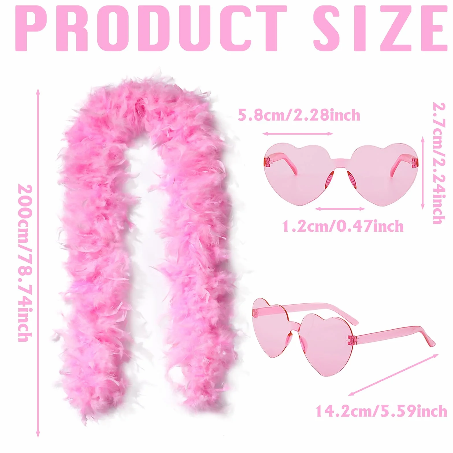 Boa Plume avec Lunettes en Forme de Cœur Sans Monture, Boa Rose de Dinde, Châle en Plumes pour Déguisement, Fête à Thème, Carnaval