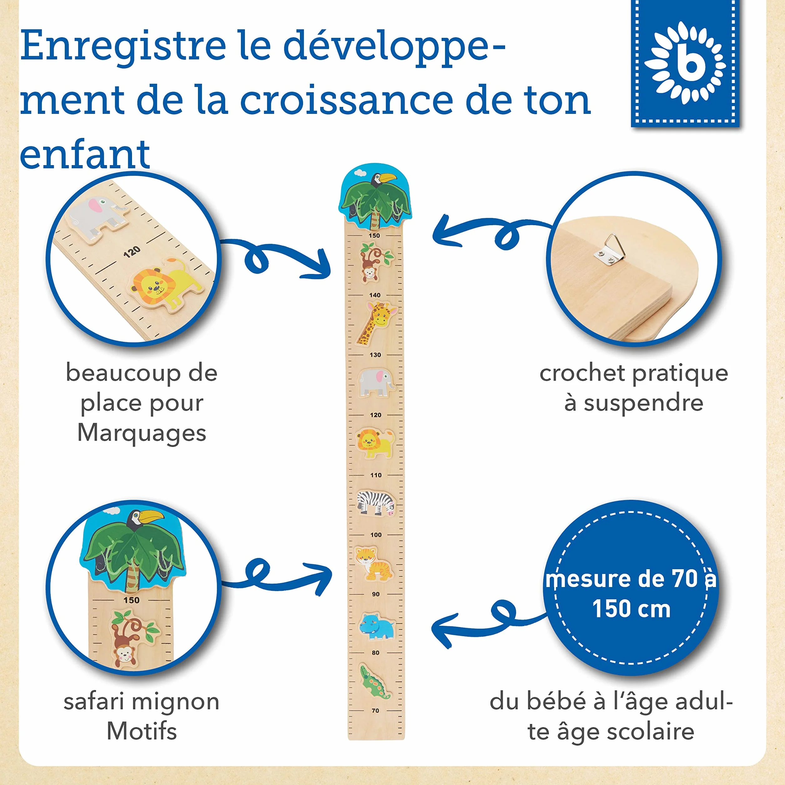 Bieco Toise Murale Enfant Bois Zoo échelle 0,65-1,5m Décoration Chambre Enfant