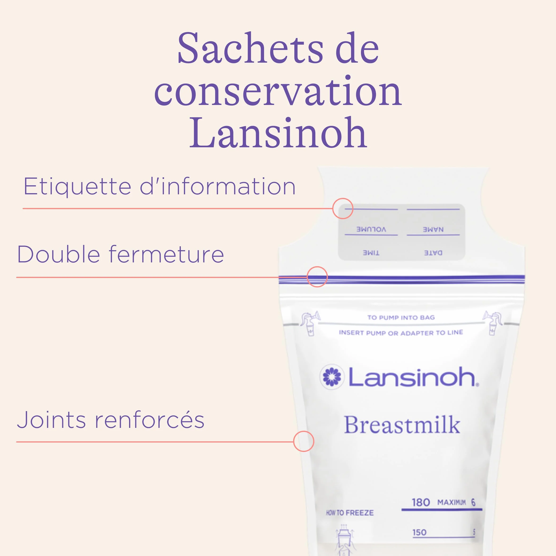 Lansinoh Sachets Conservation Lait Maternel x50 - Pré-stérilisés - Double Zip Anti-Fuite - Sans BPA