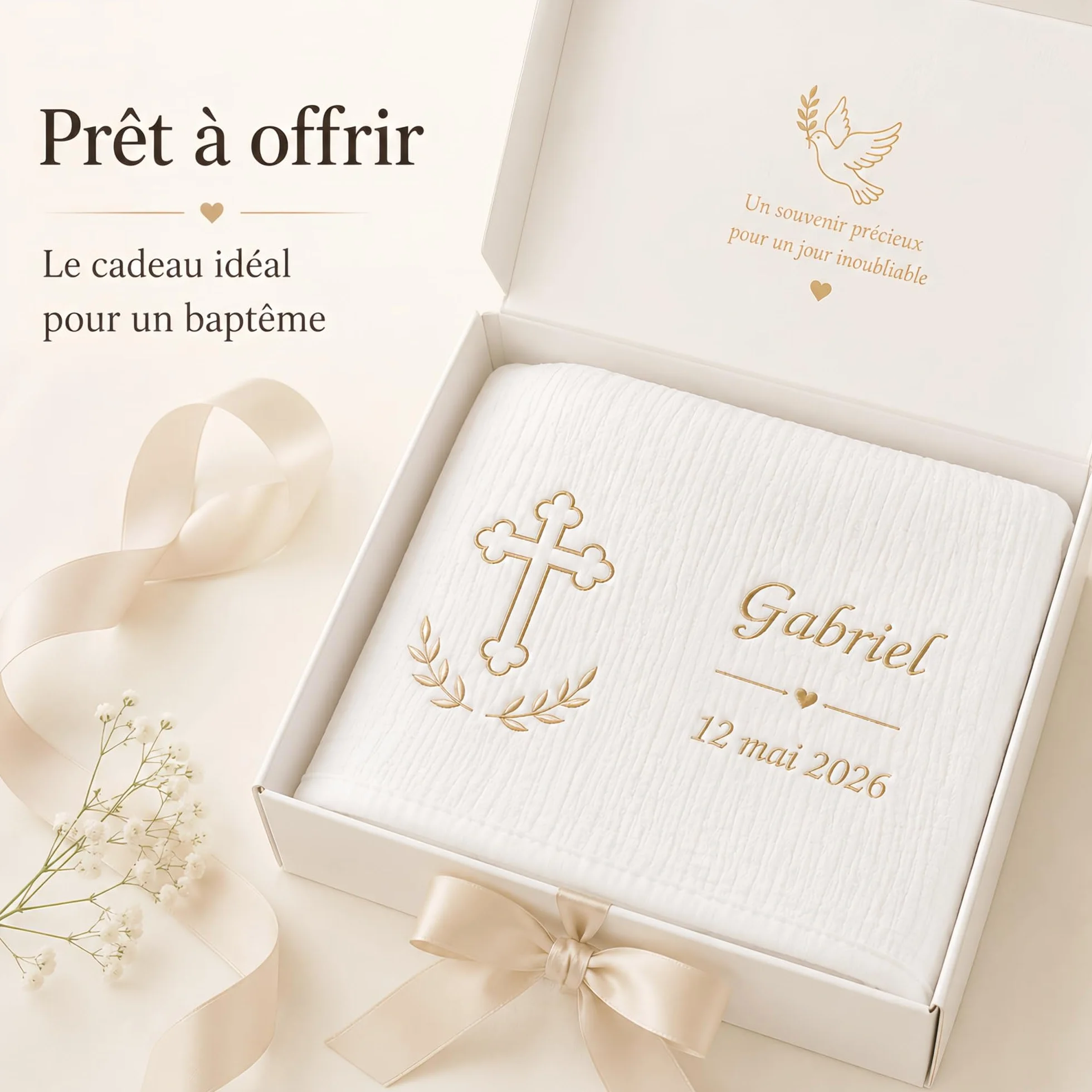Écharpe de Baptême Personnalisée Bébé Double Gaze de Coton Brodée Prénom Date Blanche Douce Légère Cadeau Coffret