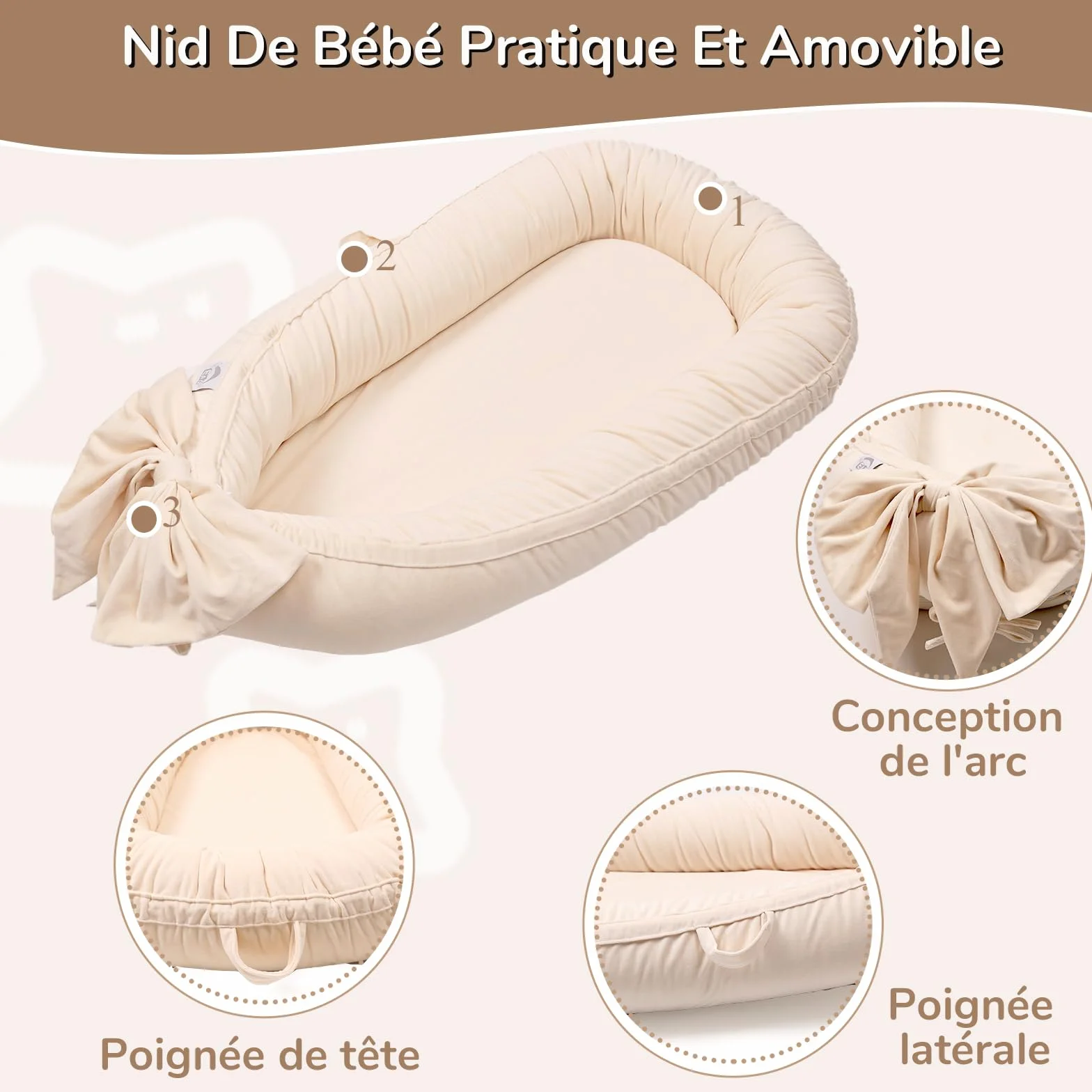 EAQ Couffin de Voyage Bébé 100% Coton Nid Cocoon Lit Nouveau-né, Amovible Lavable