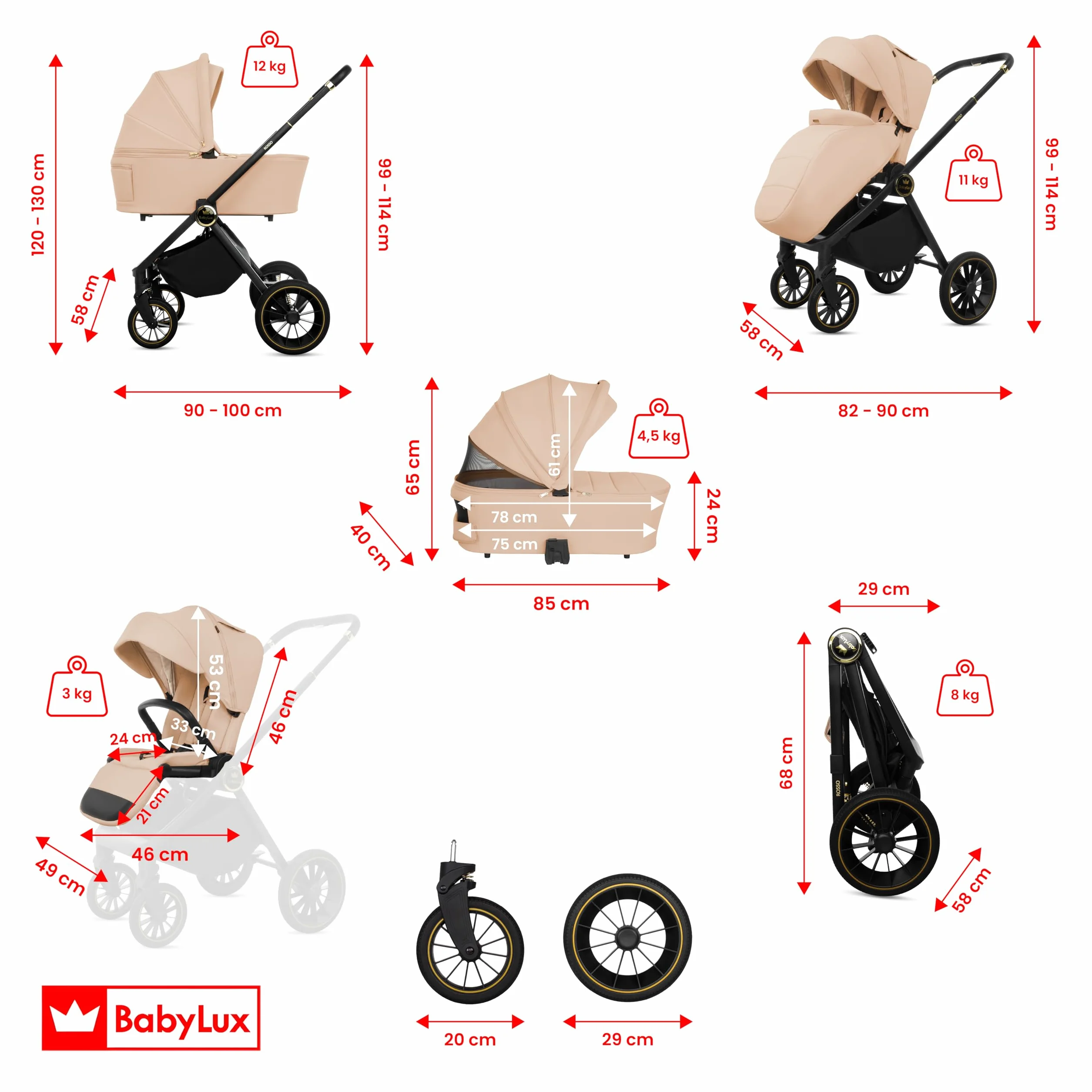 BabyLux Poussette 3en1 Set Rosse, Pliable Léger Poussettes Combinées Baignoire Bébé, Buggy Siège Sport, Coque Bébé I-Size, 4 Positions Couchage, 0-22kg