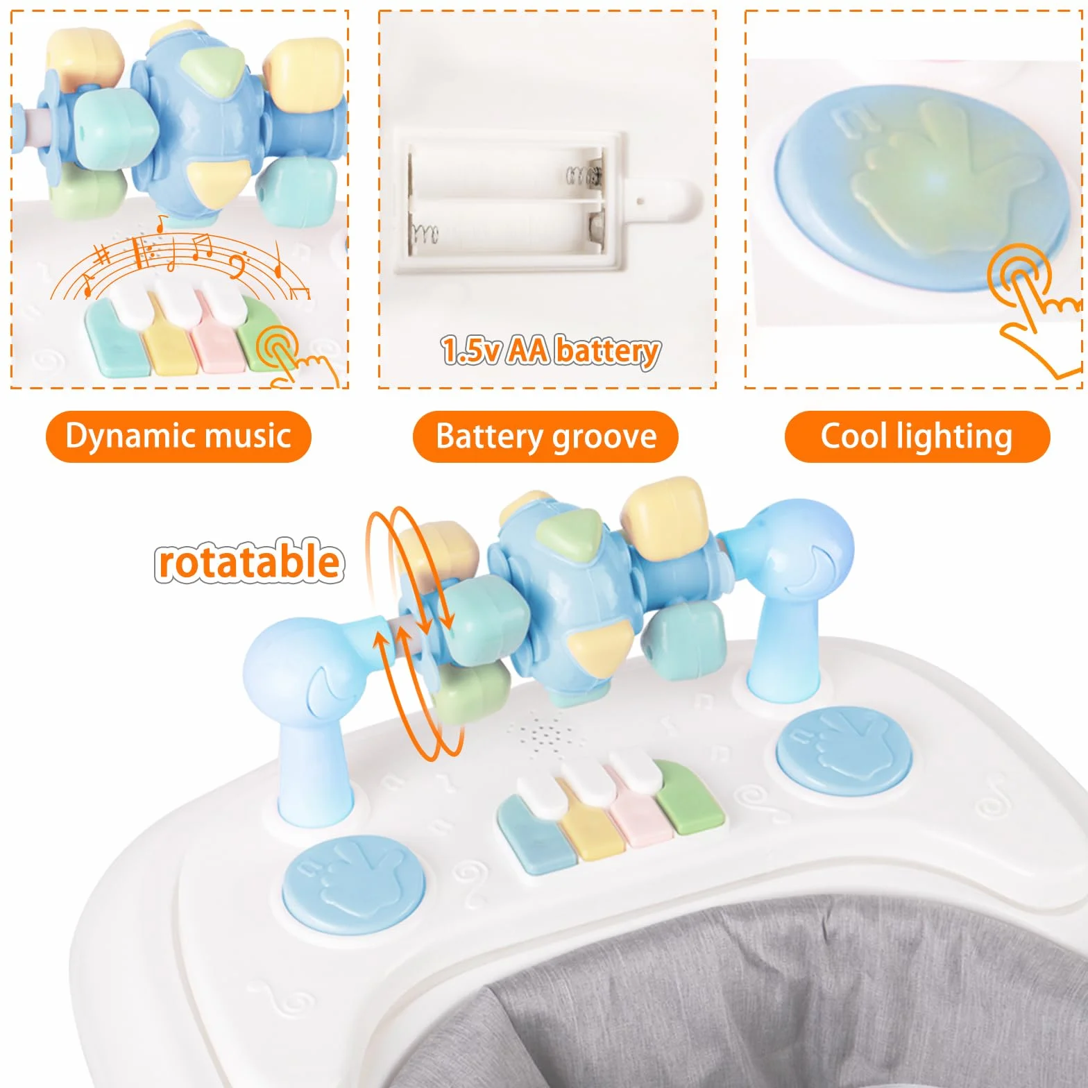 Trotteur Bébé 4-en-1 OHMG avec plateau multi-activités interactive, musique amovible, réglable en hauteur, pliable, jusqu'à 12 kg