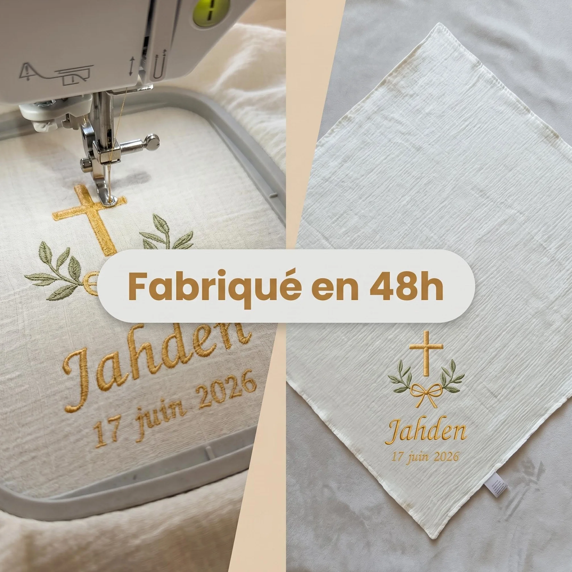 Couverture de Baptême Bébé Personnalisée en Coton Gaze Doux, Broderie Élégante, Style Français – Coffret Cadeau