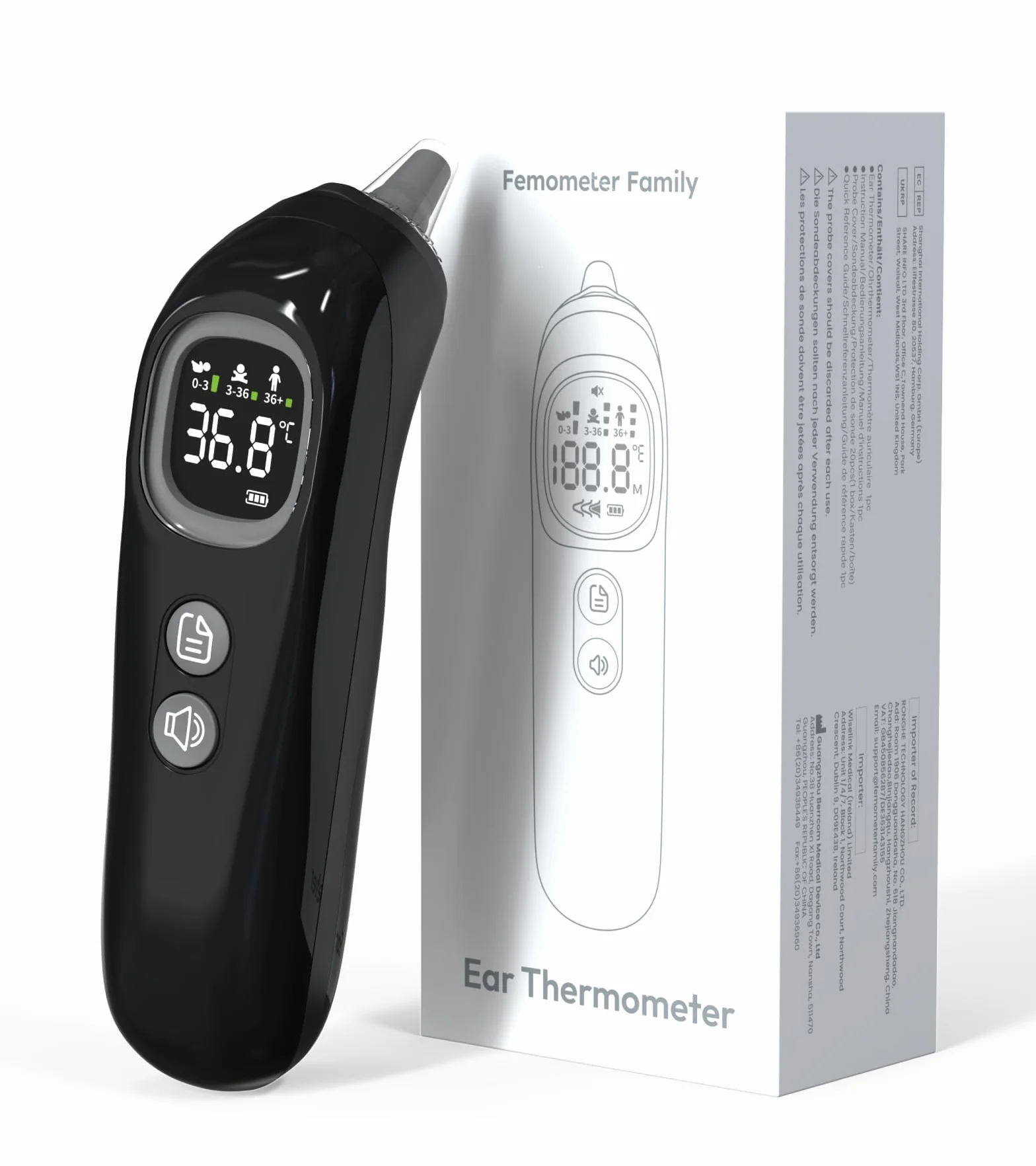 Thermomètre Auriculaire Haute Précision 1 Seconde Guidage Intelligent par Âge Mode Silencieux Numérique Enfants Adultes 20 Embouts