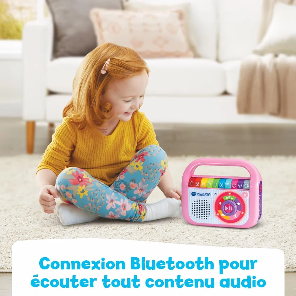 VTech Music'Kid Rose Baladeur Musical Enfant Enceinte Bluetooth Lumineuse Comptines Chansons Éducatives Enregistreur Vocal Cadeau 2 Ans Français