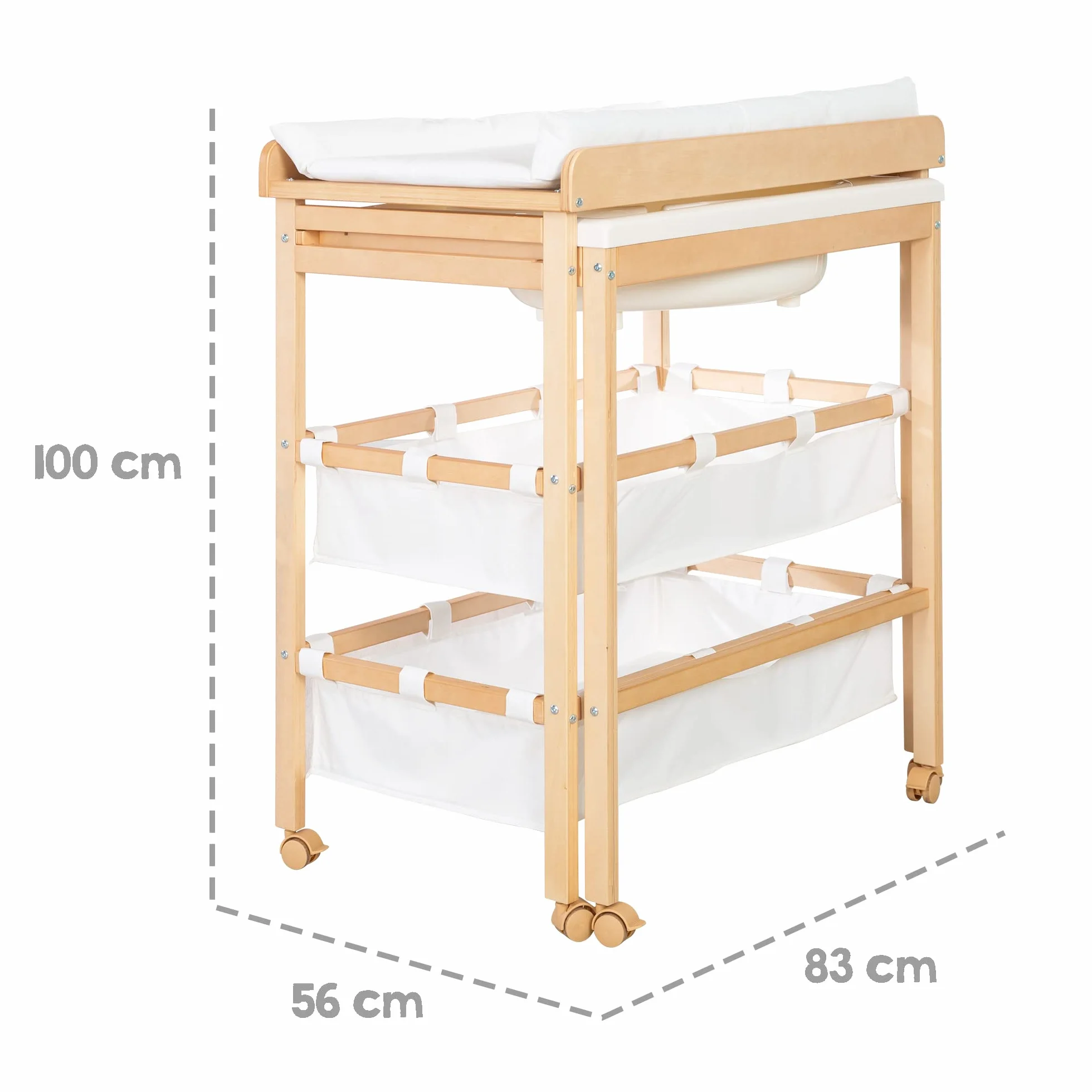 Table à Langer avec Baignoire Coulissante Baby Pool 2EN1 Matelas Imperméable Blanc 2 Compartiments Rangement Bois Naturel