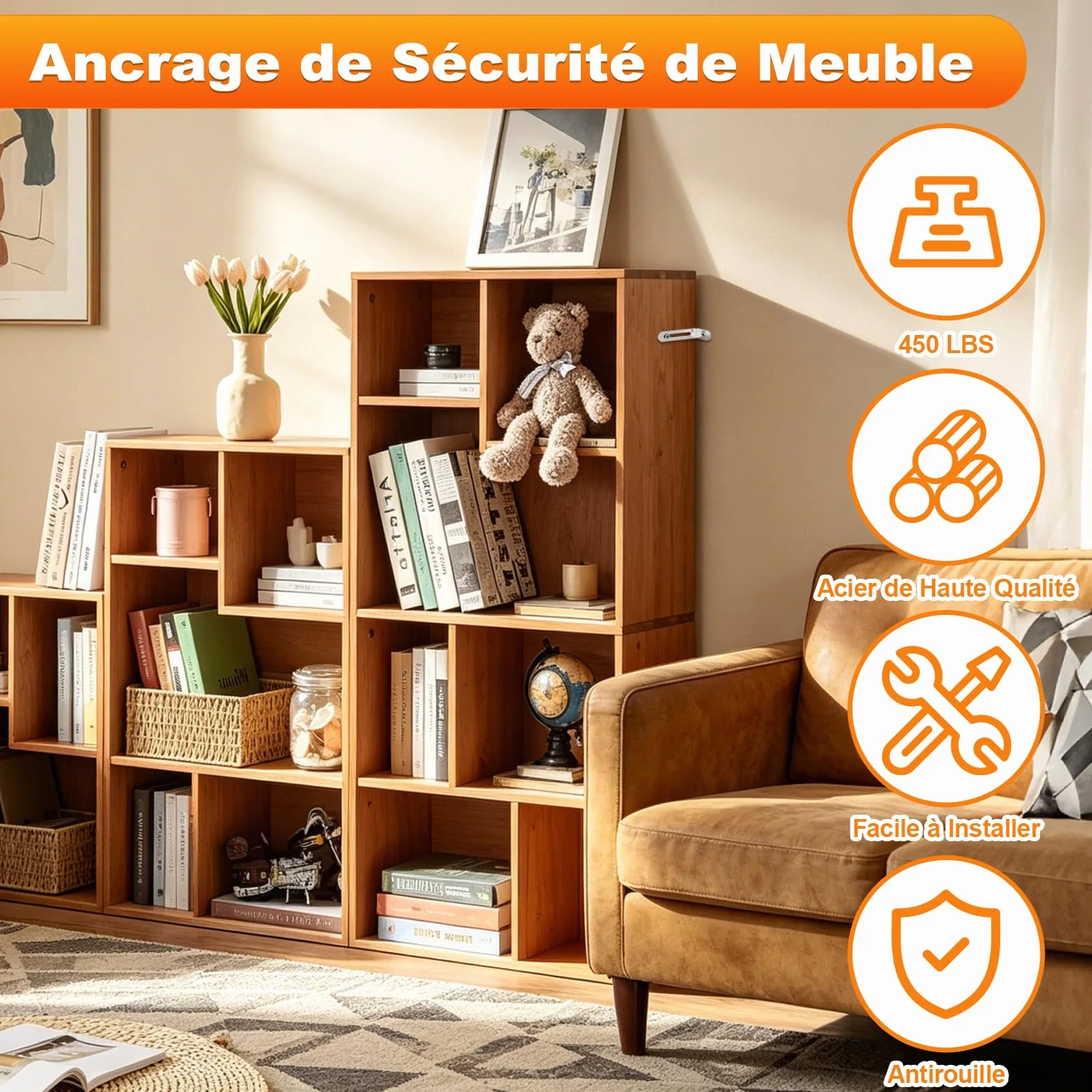Kit Anti-Basculement Meuble, 12 Ancrages de Sécurité pour Armoires, Penderies, Argent