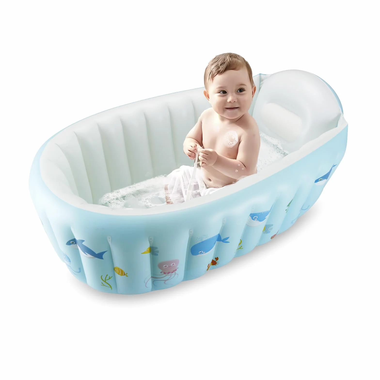 PandaEar Baignoire gonflable portable bébé enfant bassin antidérapant pompe à air bleu baleine
