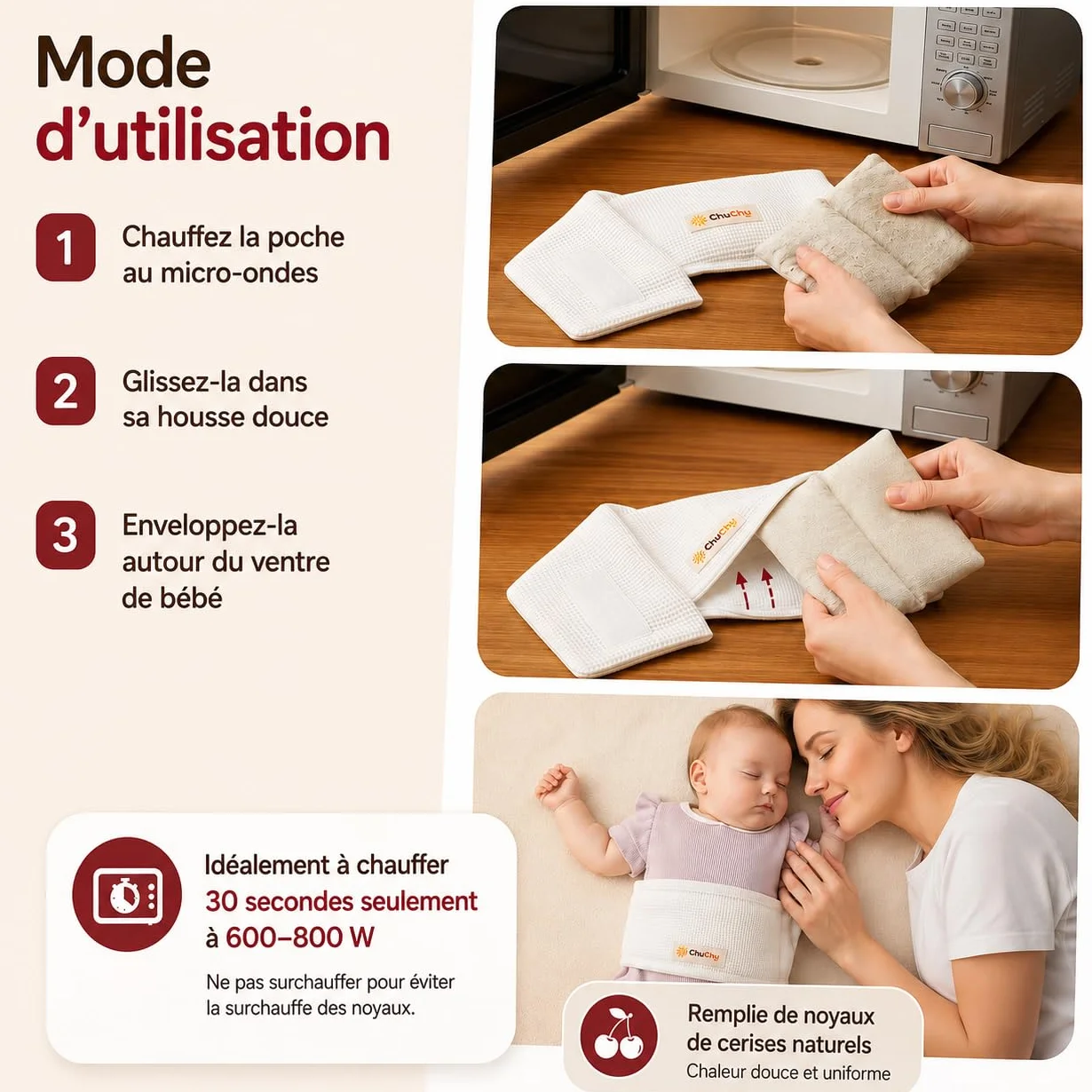 Ceinture Chauffante Bébé Anti-Coliques Bouillotte aux Noyaux de Cerise 100% Coton