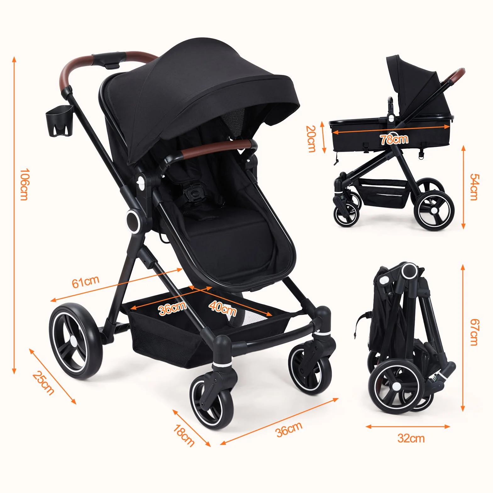 Garvee Poussette Compacte 2 en 1 Système de Voyage Pliable en Un Clic, Cadre en Aluminium pour 0-36 Mois