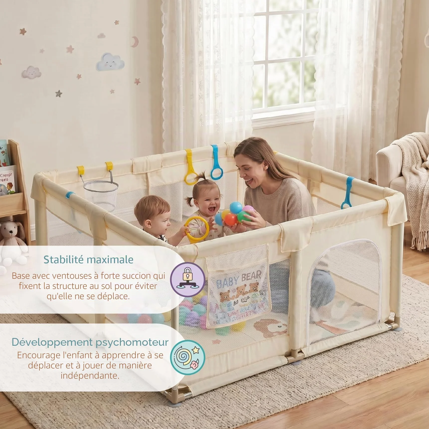 Buddy Baby Park Parc Enfant Bébé 120x120cm Pliable avec Maille Respirante Porte Latérale Vanille