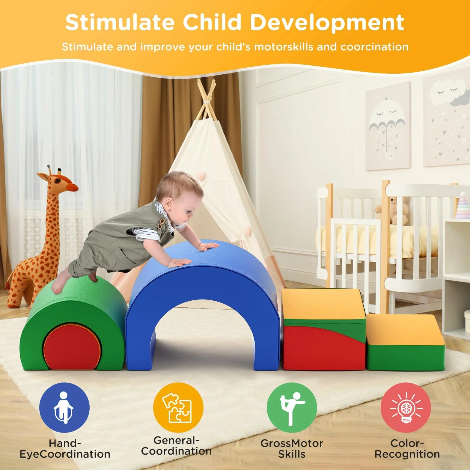Parcours motricité bébé 5 pièces Jouets d'escalade Mousse Blocs Construction éducatifs Soft Play Corner Climber 1 Ans+