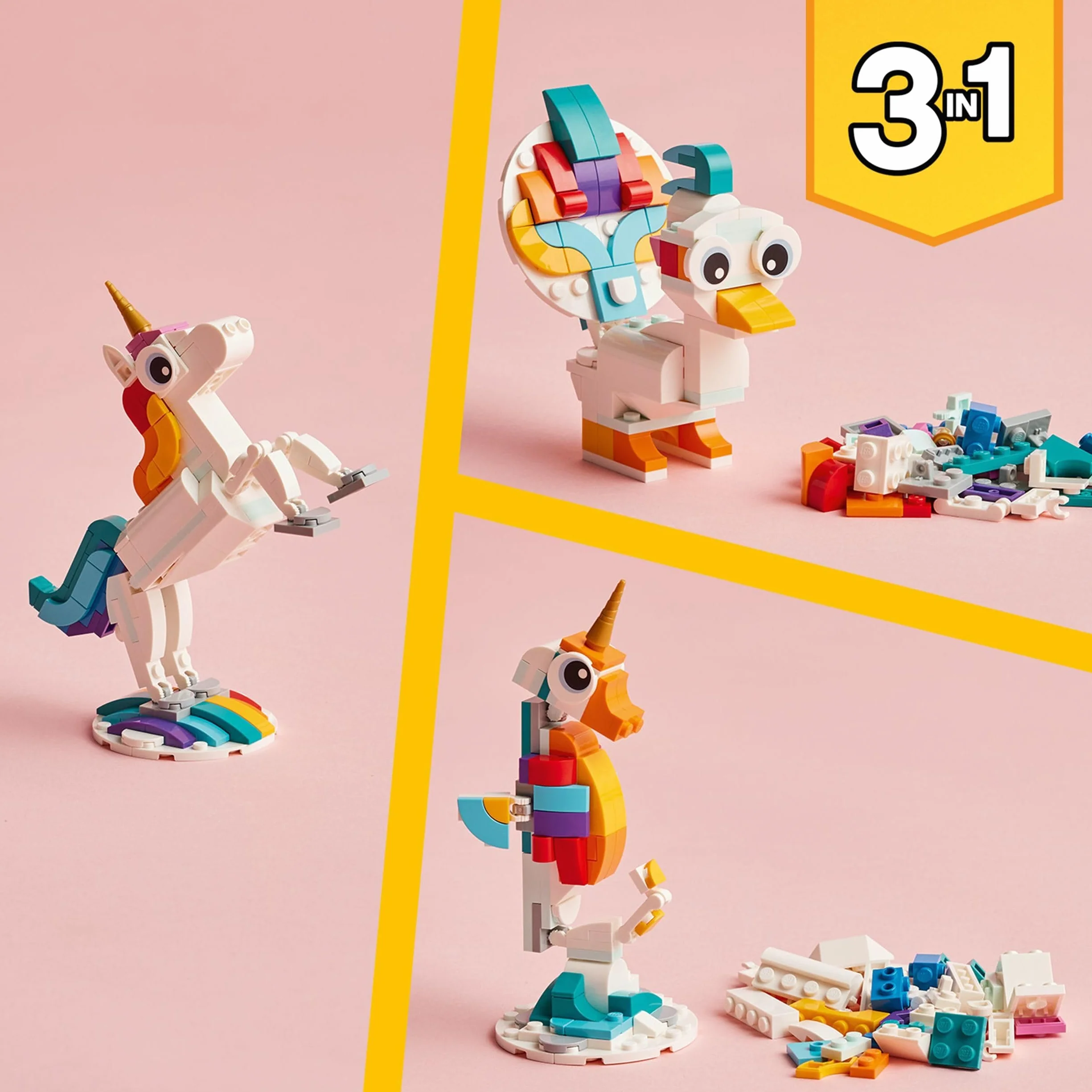 LEGO Creator 3-en-1 La Licorne Magique 31140 Jouet de Construction Figurine Animal Transformable Hippocampe Paon Cadeau 7 Ans