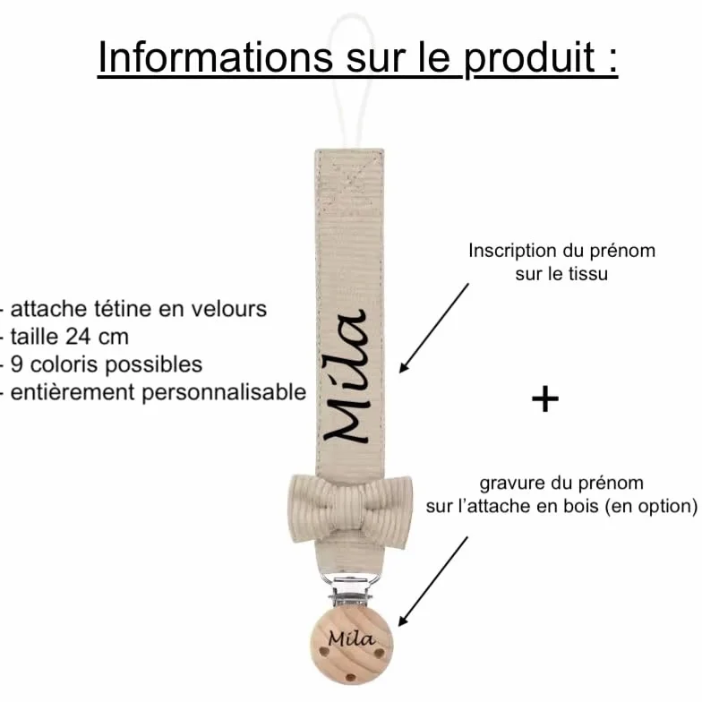 Attache tétine personnalisé prénom fille garçon velours noeud bois cadeau naissance