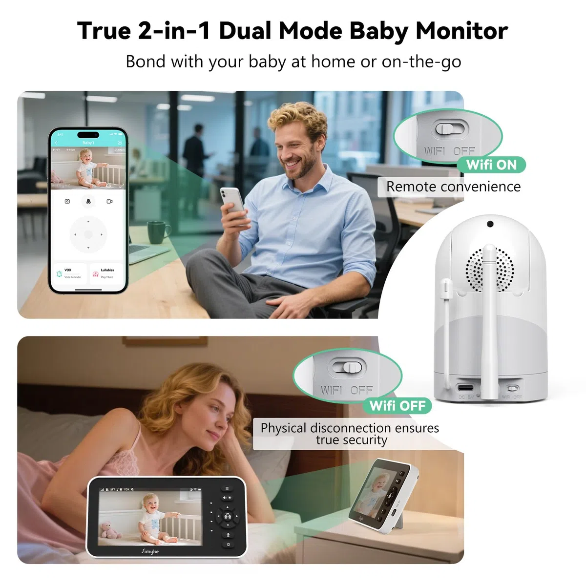 Simyke Moniteur vidéo pour bébé 1080p avec 2 caméras - Écran IPS de 12,7 cm avec contrôle par application, vision nocturne HD, alertes de mouvement, conversation bidirectionnelle, accès