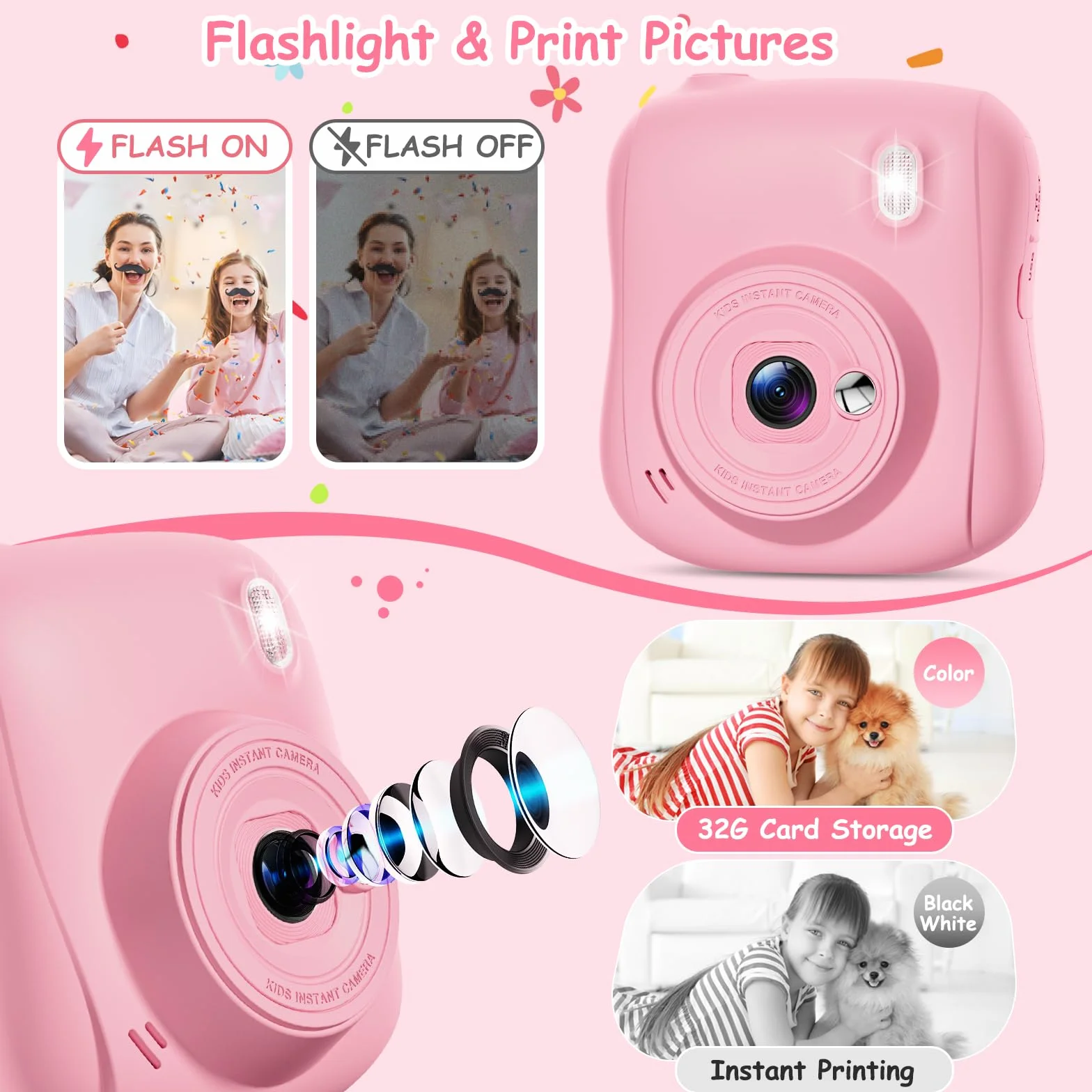 Appareil Photo Instantané Enfant 2,0 Pouces Écran HD avec Carte 32GB et 3 Rouleaux Papier Impression Cadeau Jouet Garçons Filles 3-10 Ans Rose