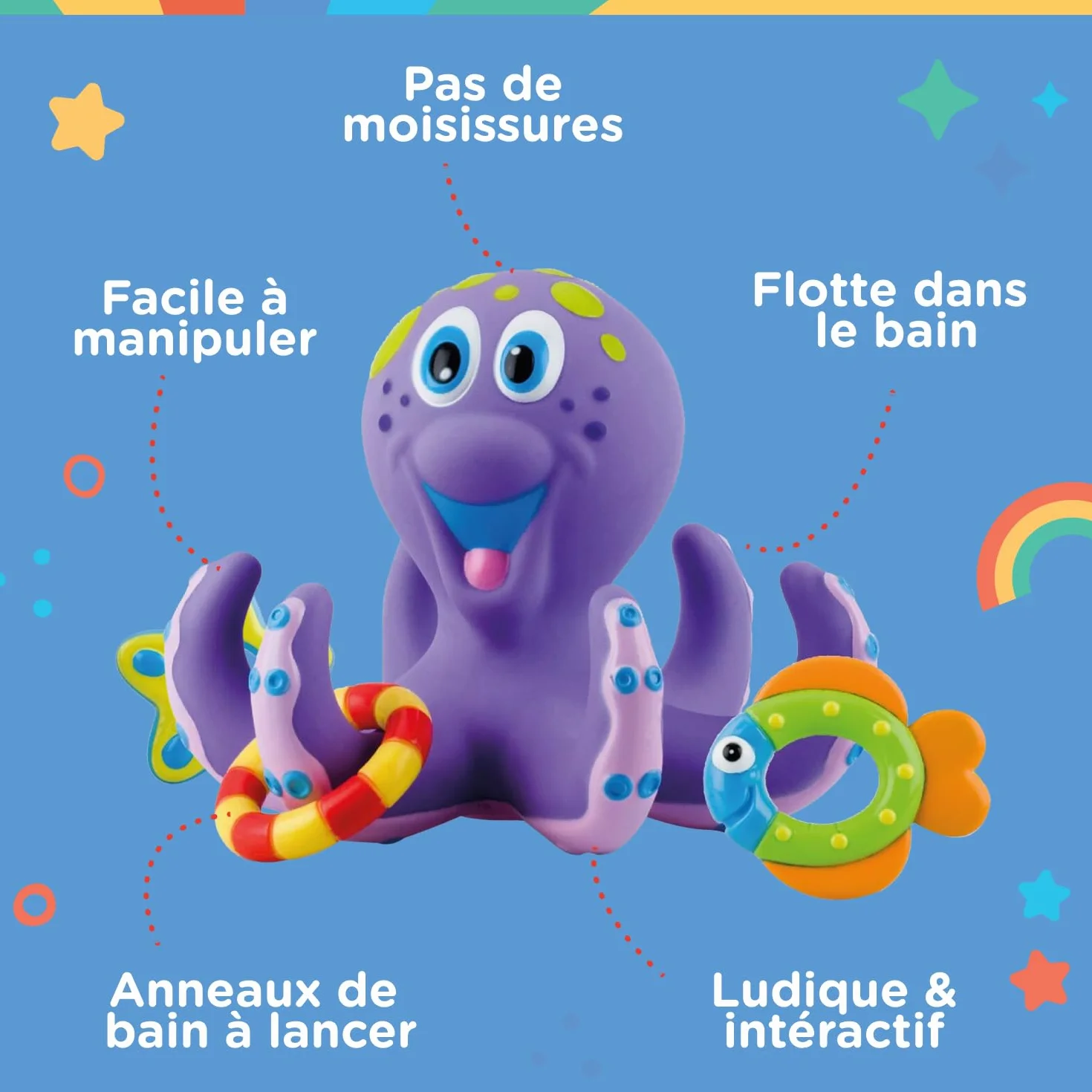 Nuby Jouet de Bain Pieuvre Interactive Flottante avec Anneaux de Bain Violet 18 Mois+