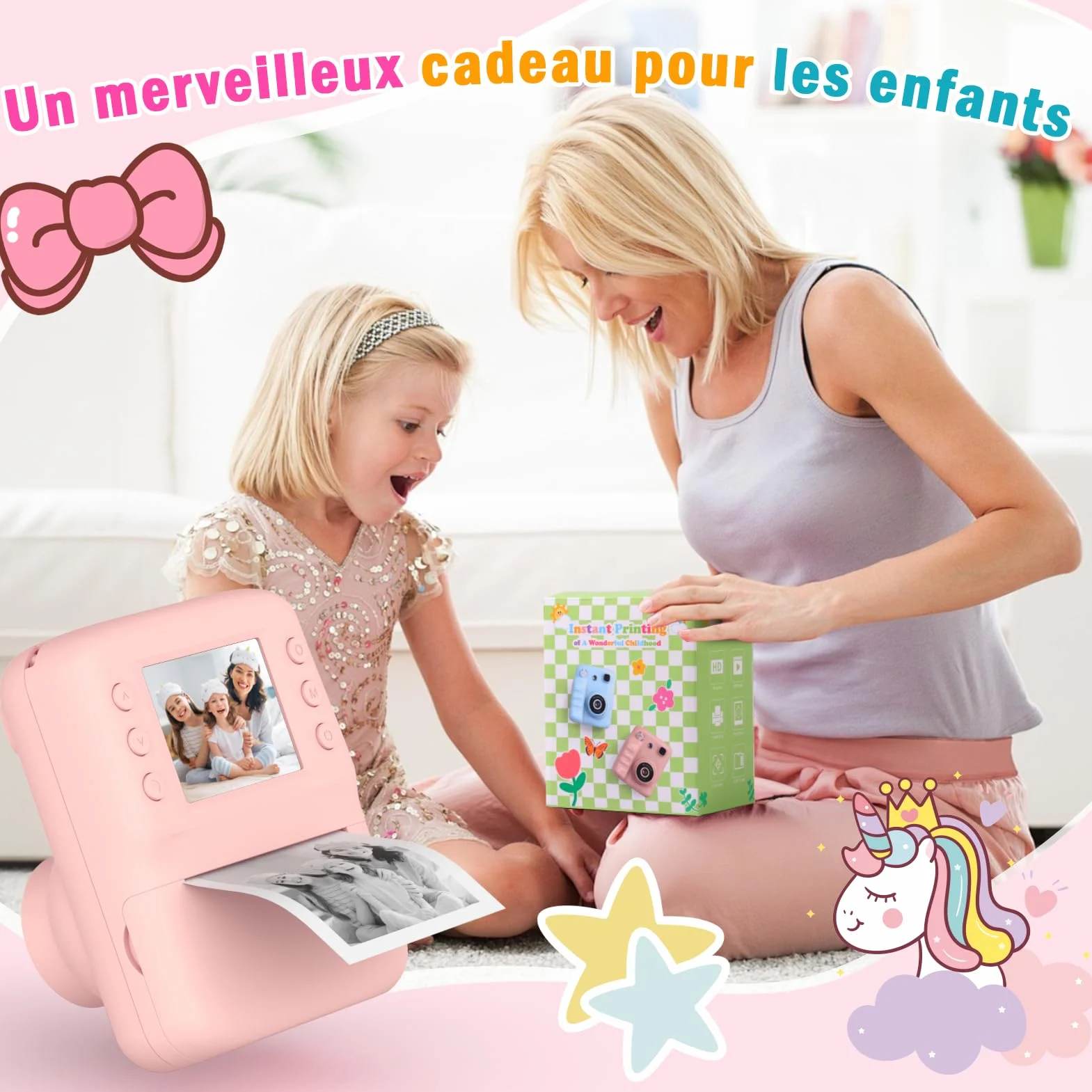 Appareil Photo Instantané Enfant avec Papier d'Impression & Carte 32GB, Écran 2.4'' HD, Vidéo 1080P, Selfie & Jeux