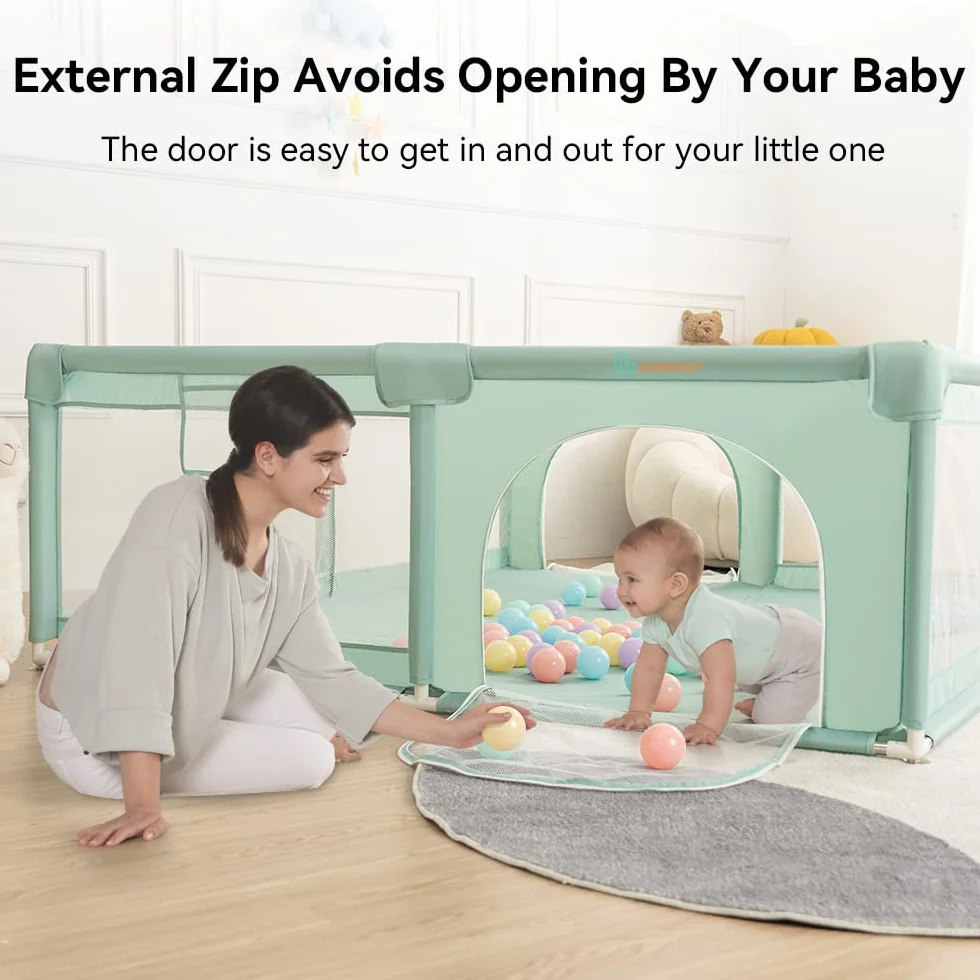 COMOMY Parc Bébé 200x180x66cm XXL avec 50 Boules, Mini Vannerie, 4 Anneaux de Traction, Filet Respirant Centre d'Activités Vert