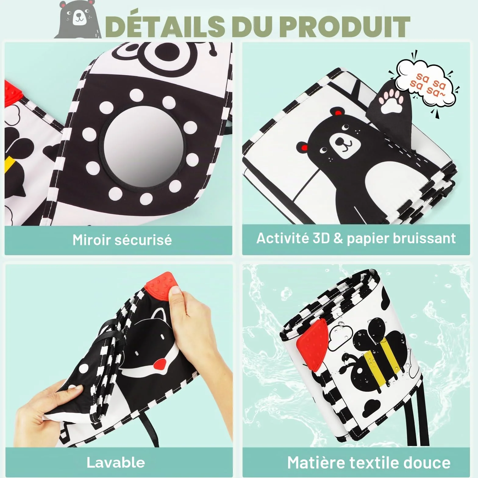 BBWOO Livre bébé 0-12 Mois Noir et Blanc sensoriel Montessori Jouet d'éveil Tummy Time Pliable Lavable avec Anneau Dentition et Miroir
