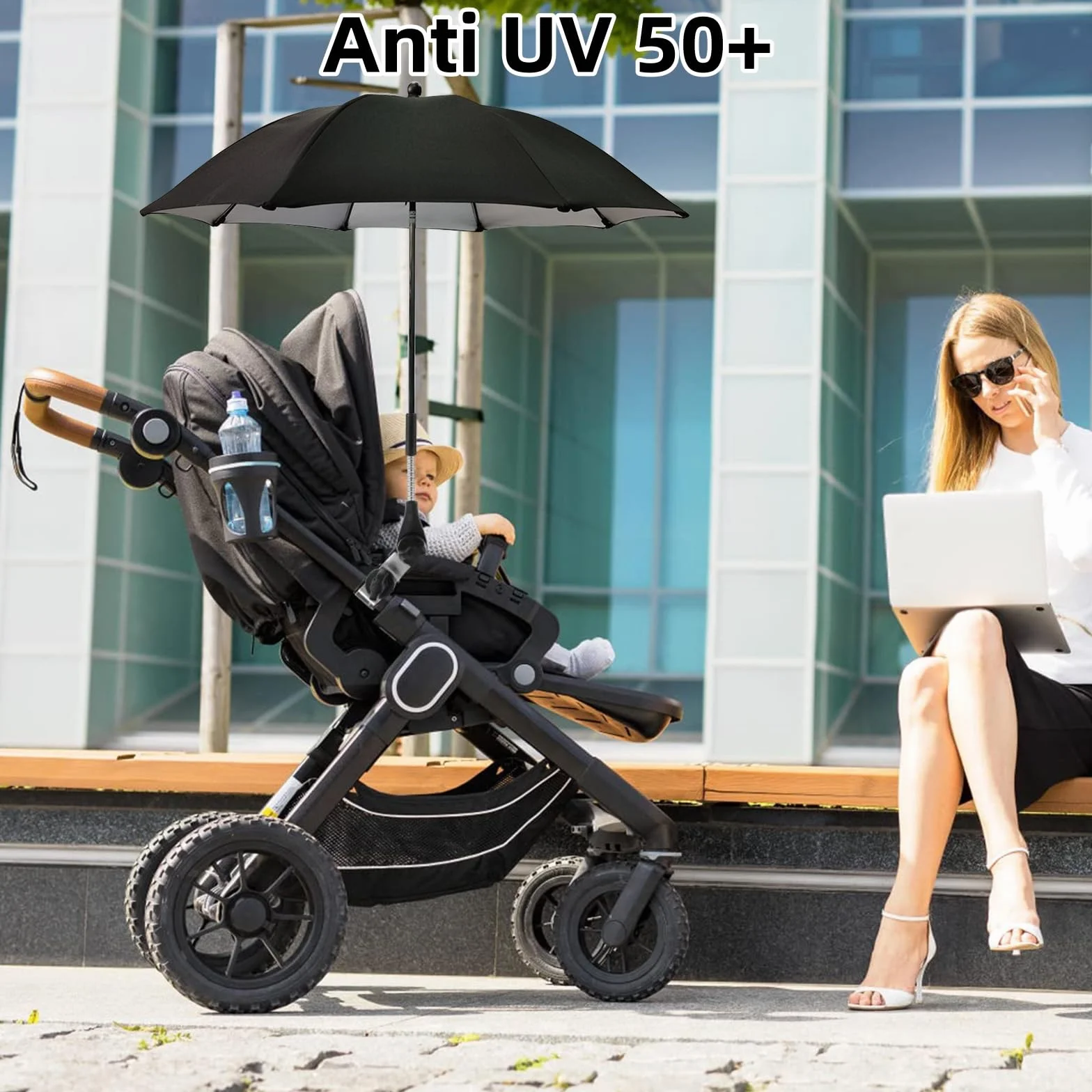 Parasol Poussette Universelle Anti UV 50+ Diamètre 73 cm Noir