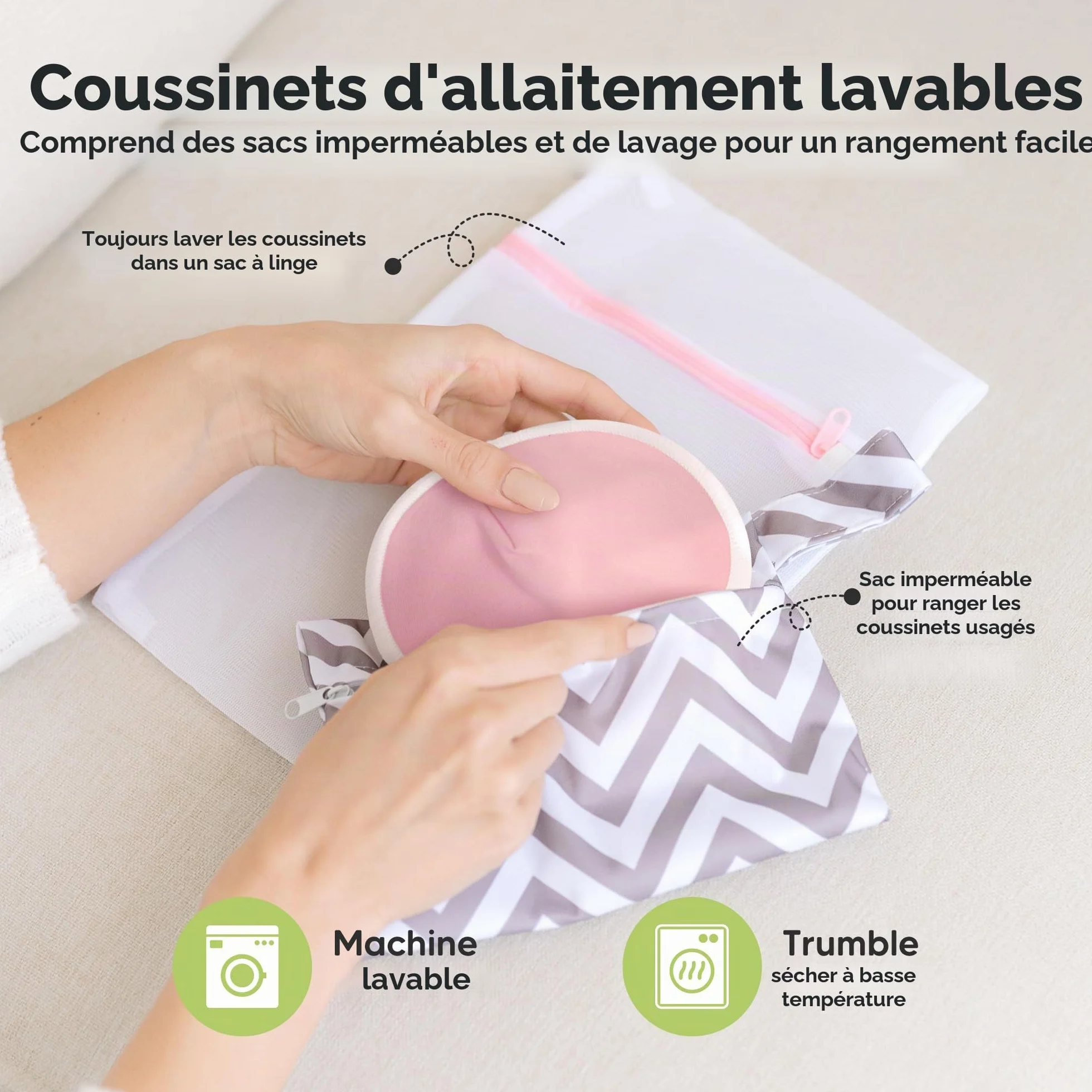 Coussinets d'allaitement en bambou biologique lavables - 14 pièces avec sac de lavage - Pastel Touch L 12cm