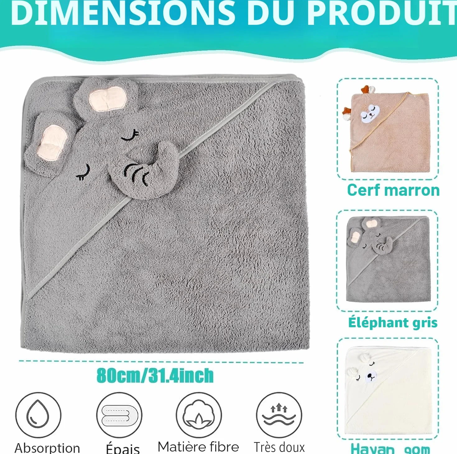 Serviette de Bain Capuche Bébé 80x80cm Peluche Corail Haute Qualité