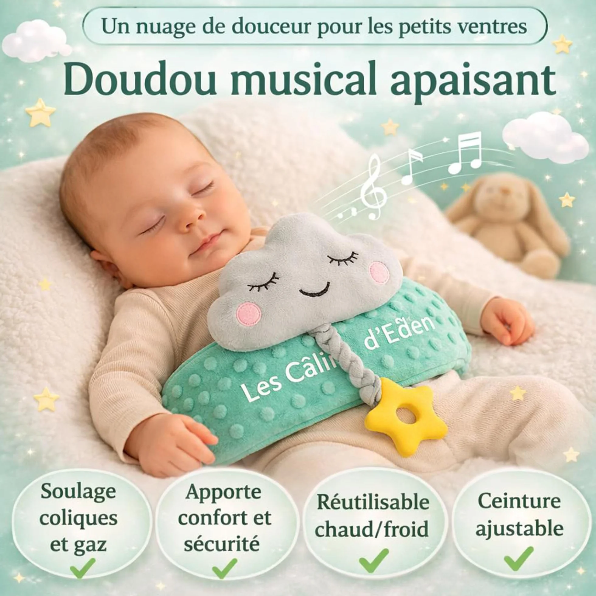 Ceinture bouillotte bébé anti-coliques poche gel chaud/froid doudou musical amovible anneau dentition silicone étoile housse satin Certifiée CE