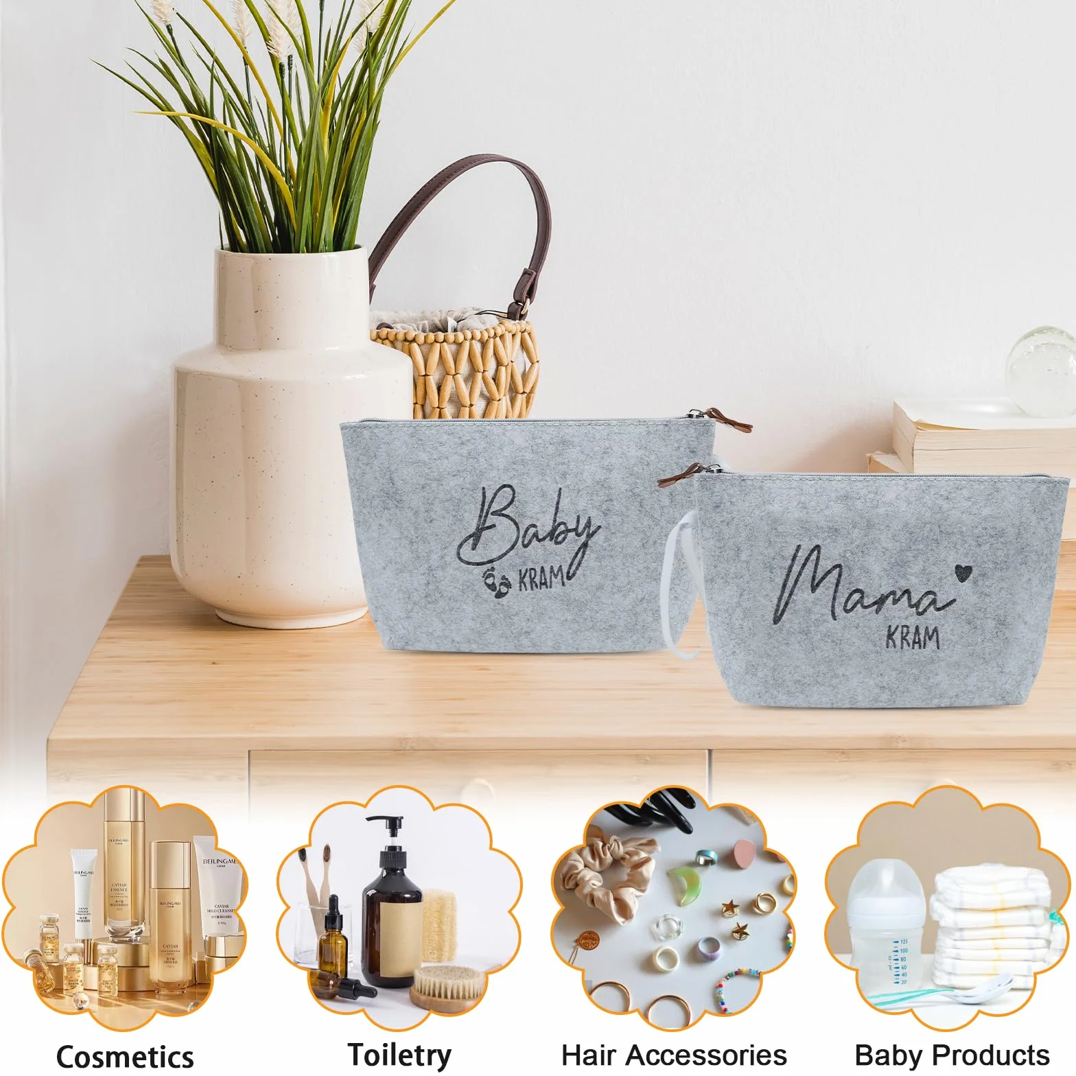 Kosmetiktasche aus Filz mit Reißverschluss Geschenke für Mama zur Geburt 2 Stück gris clair