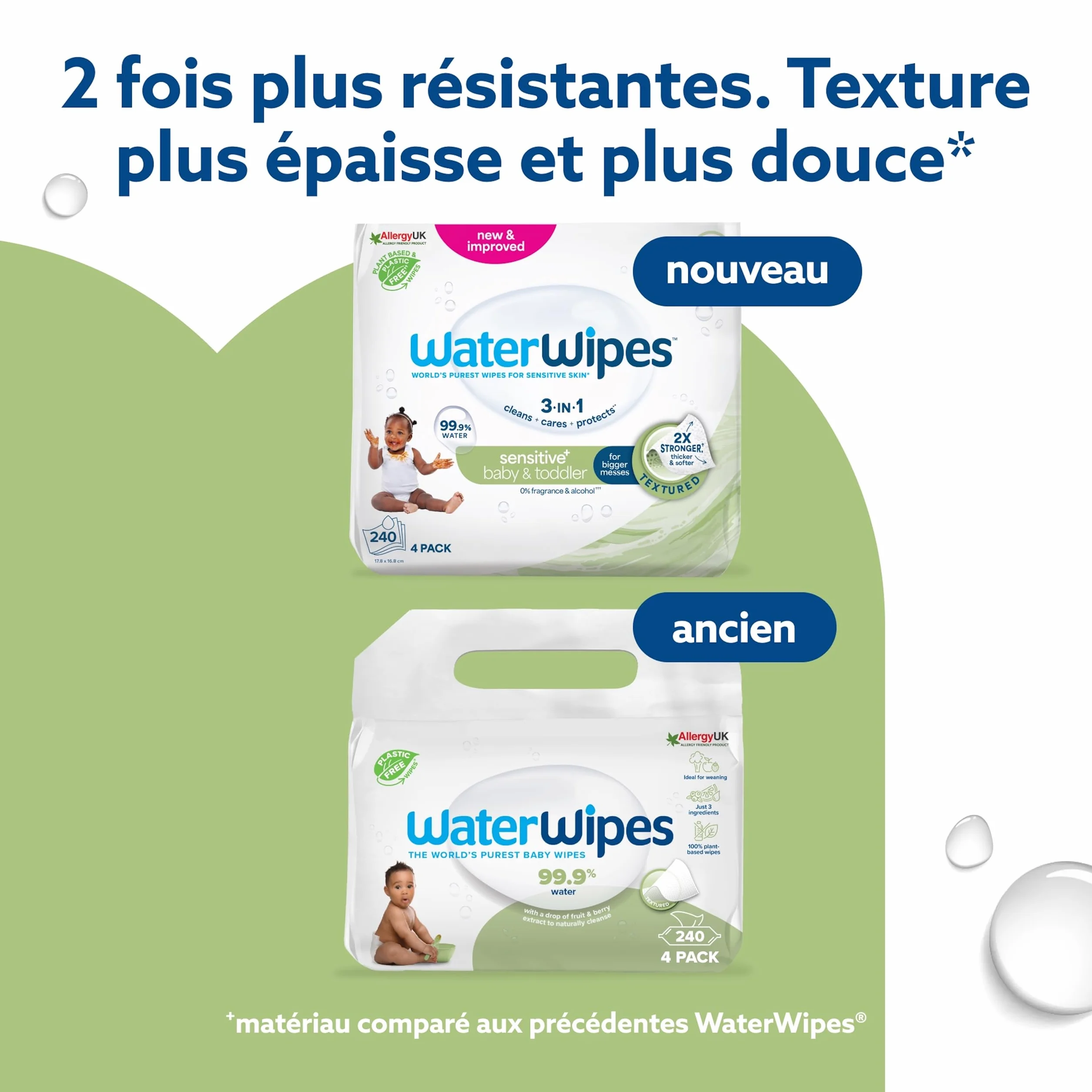 WaterWipes Sensitive+ Lingettes Bébé 240 unités (4 paquets) 99,9% d'eau Textured Clean non parfumées