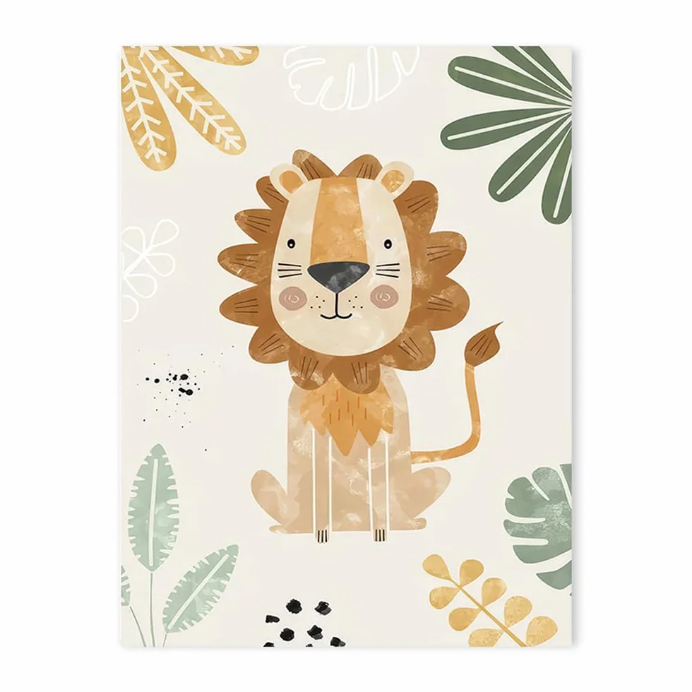 Affiches Animaux Jungle Lion Girafe Zebre Tableau Savane Deco Chambre Bebe Garcon Vert Beige Poster 30x40 sans Cadre