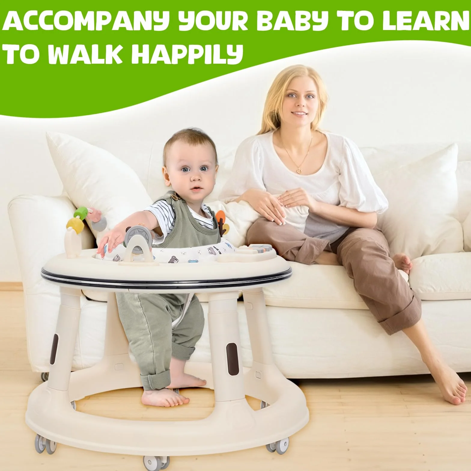 Trotteur Bébé Réglable en Hauteur avec Siège Pivotant 360°, Babywalker Roues Silencieuses, Plateau Activités Musical Amovible, Anti-renversement 9-18 Mois
