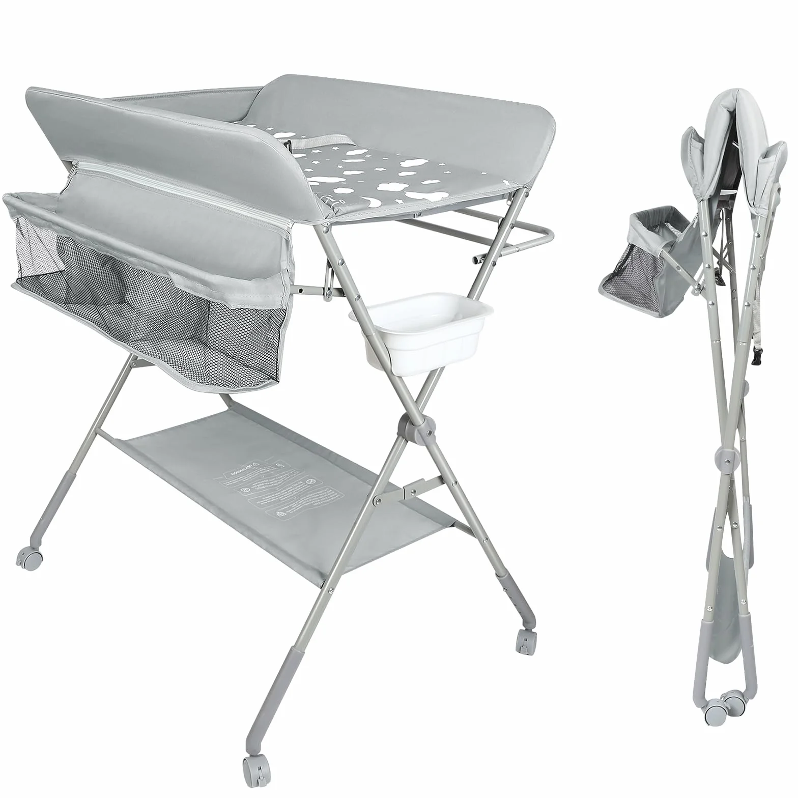 Table à langer bébé pliante portable avec roues hauteur réglable gris clair 80x58x90 cm