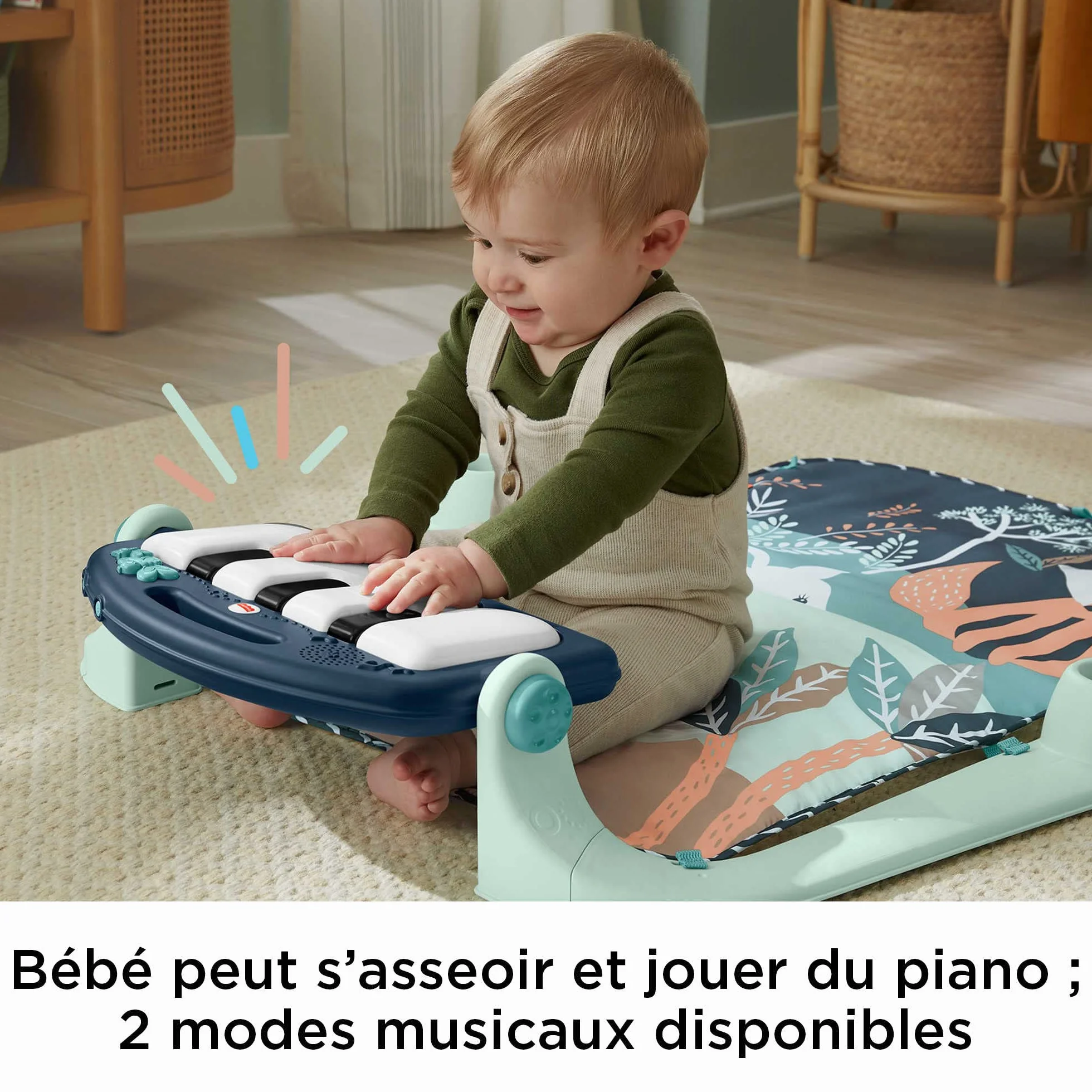 Fisher-Price Tapis d’éveil Piano, Jouet Musical Suspendu, Jeu à Plat Ventre, Animaux de la forêt, Dès la Naissance, HKX37