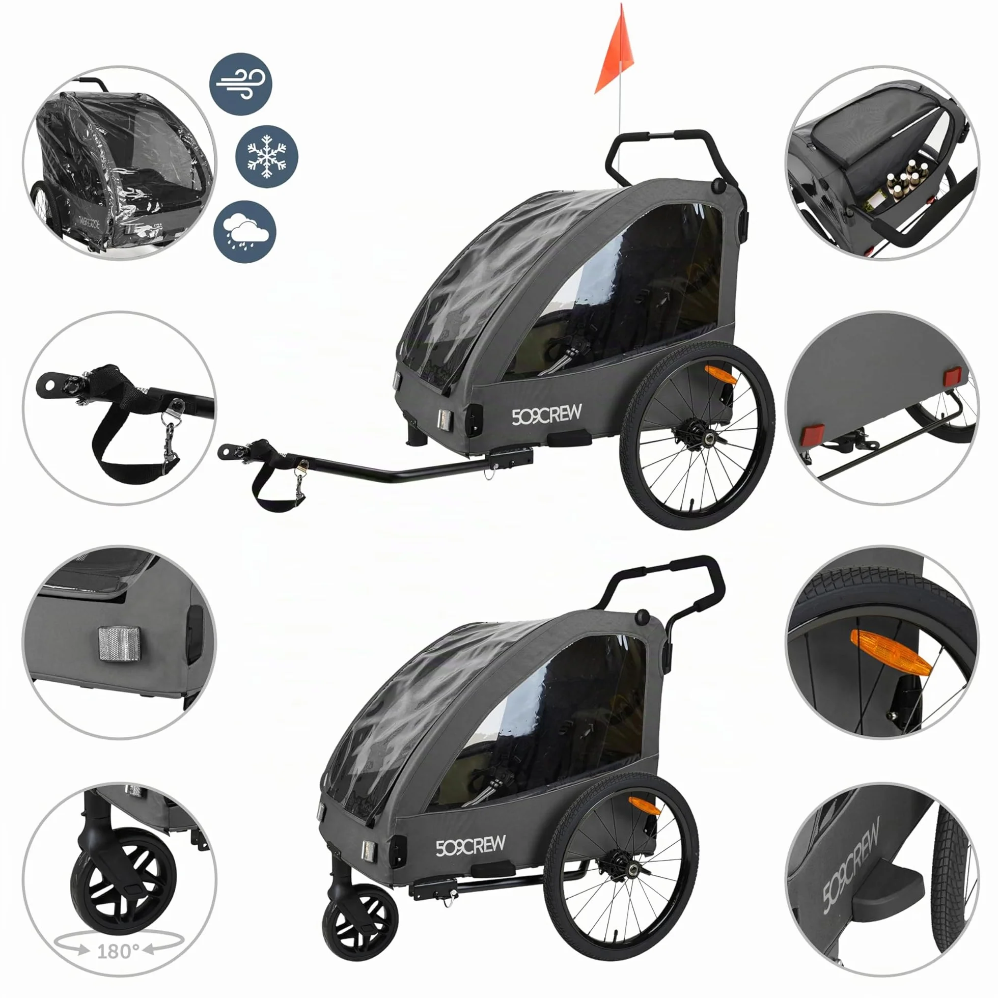 509 Trailer II Multi Use Bicycle Trailer for Kids Pet Cargo Convertible 3-Wheel Push Wagon Max Load 50kg Raincover