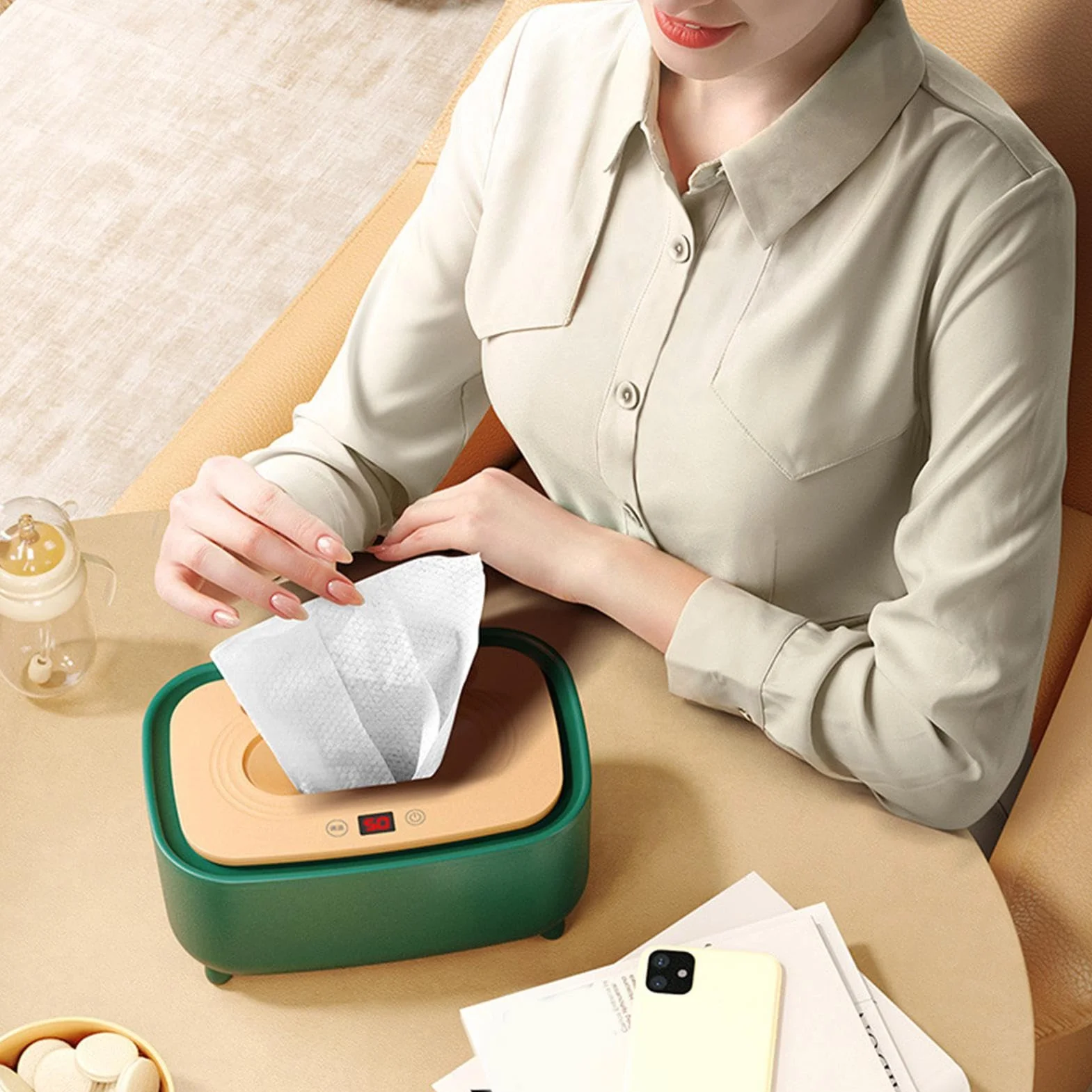 Chauffe-Lingettes Bébé USB Rechargeable, Dispensateur Portable avec Lumière pour Voyage Maison