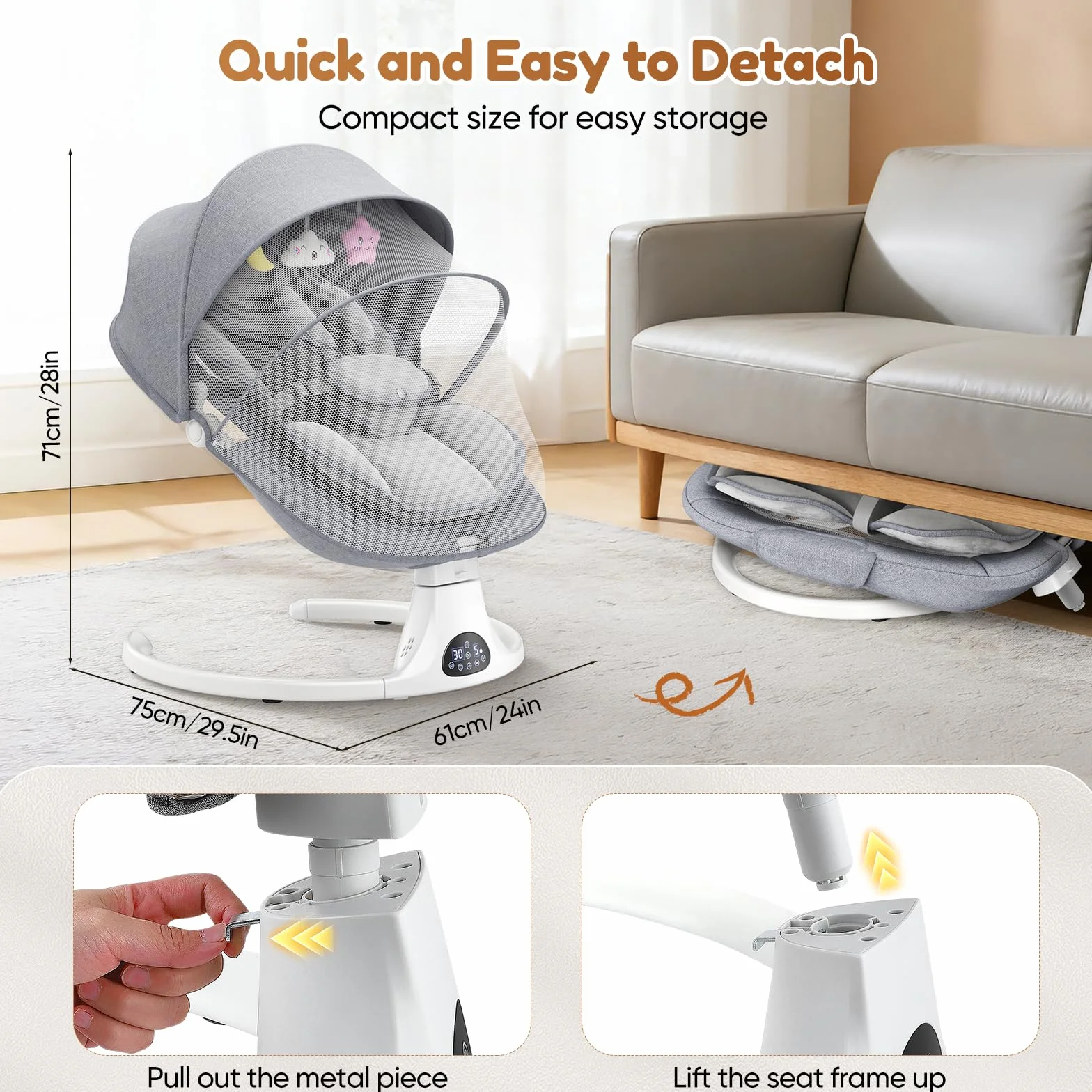 Balancelle Bébé Électrique avec Harnais 5 Points, 5 Modes Balancement, Minuterie 3 Niveaux, Télécommande, Musique, Gris