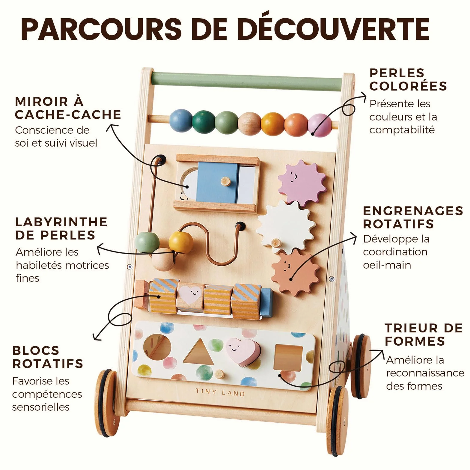 Tiny Land Trotteur en bois pour bébé - Aide à la marche avec vitesse réglable - Déambulateur et centre d'activité