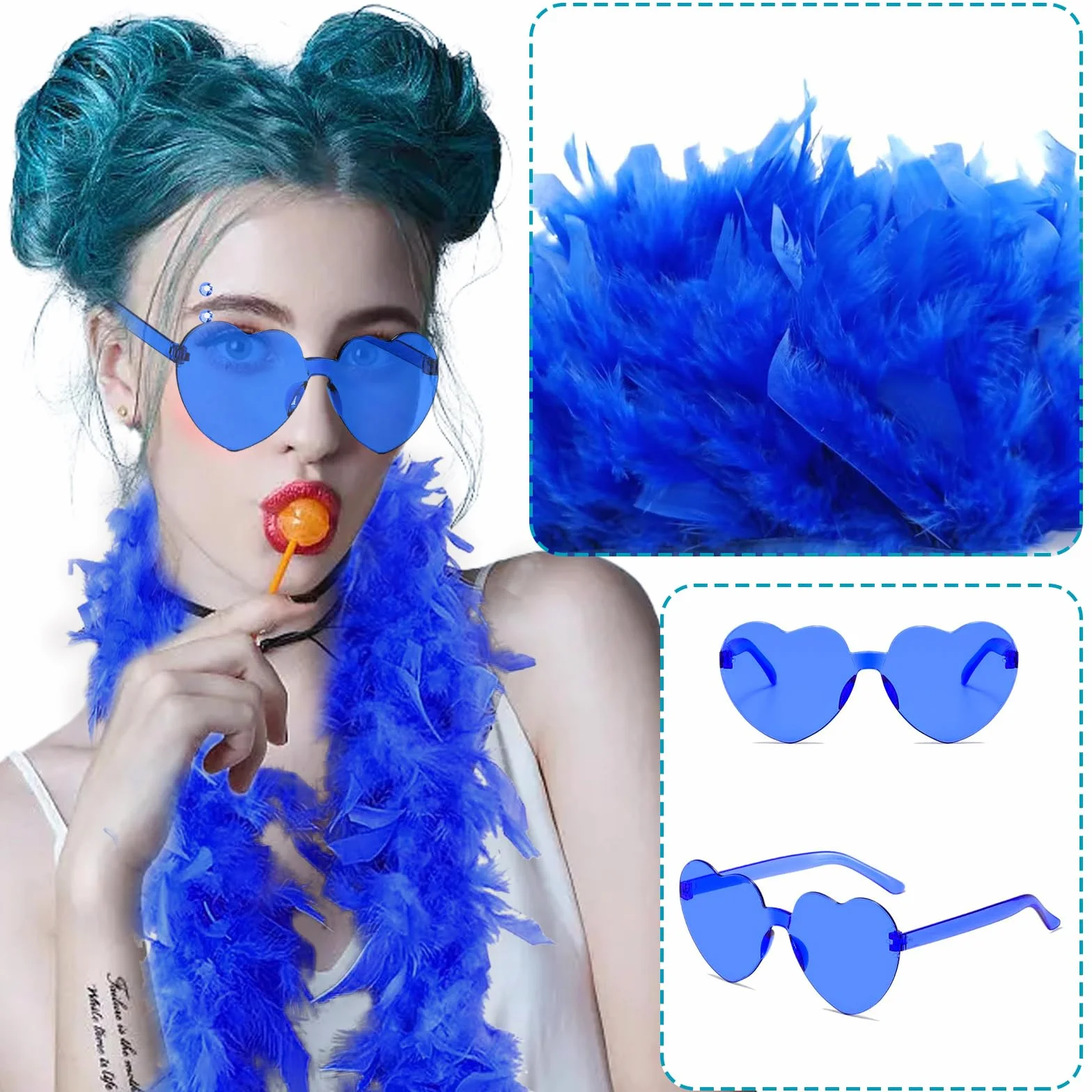 Boa à Plumes 4PCS avec Lunettes de Soleil Coeurs pour Halloween Fête