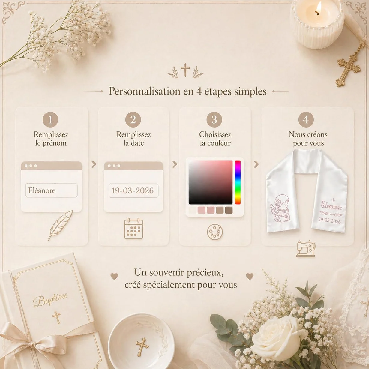 Écharpe de Baptême Personnalisée Enfant, Brodée Prénom et Date, Satin Blanc Ange ou Croix, Cadeau avec Coffret