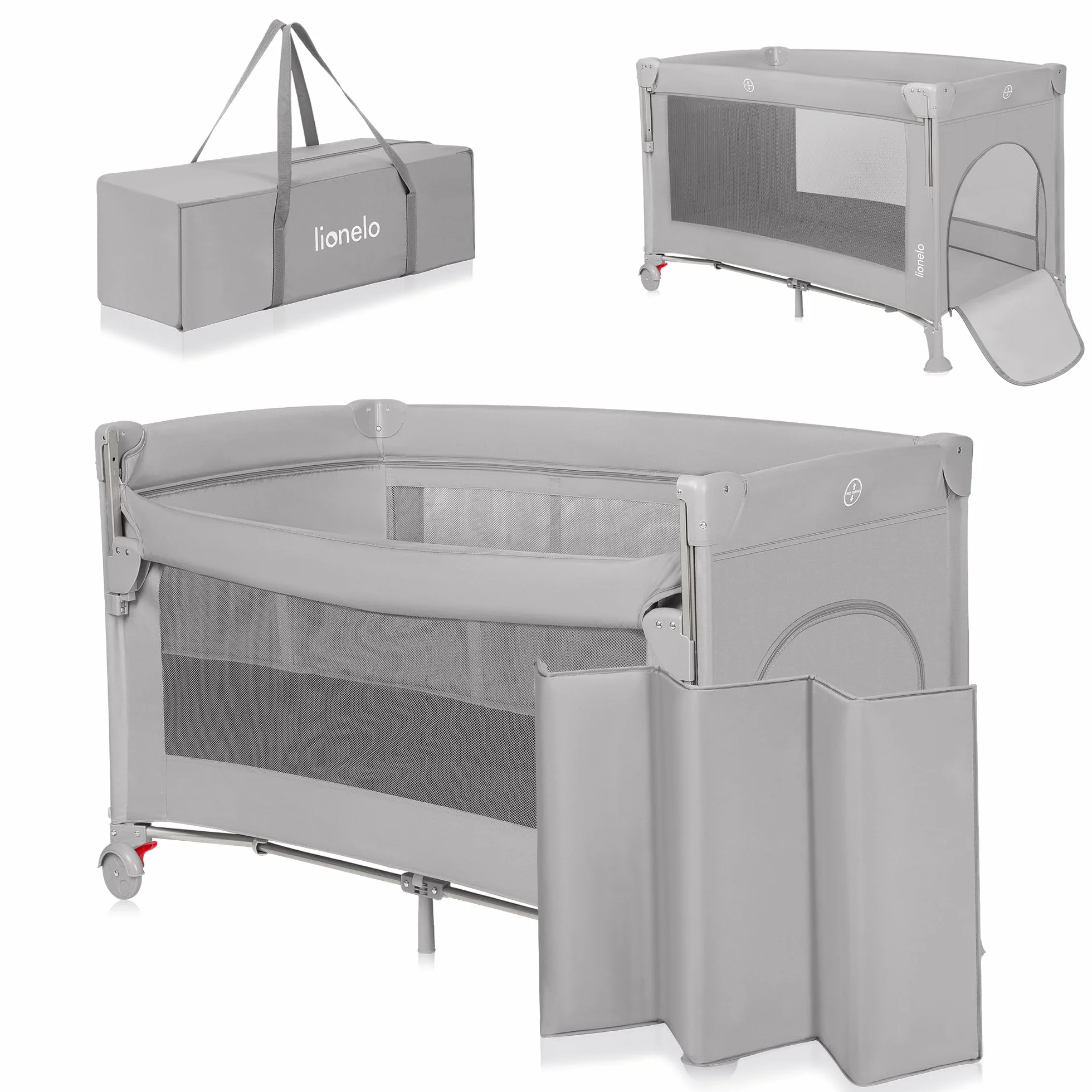 LIONELO ELLEN Lit de Voyage 3 en 1 Cododo 0-3 Ans 15 kg 2 Hauteurs Matelas Gris